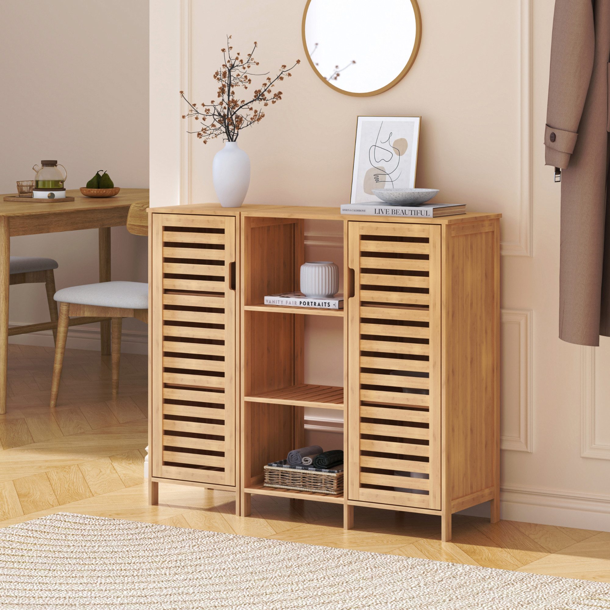 en.casa Beistellschrank (2-tlg. Schrankteil mit Regal + Schrankelement) »Hakseri« 2 Lamellentüren 3 offene Fächer 87x99x33 cm Bambus Natur