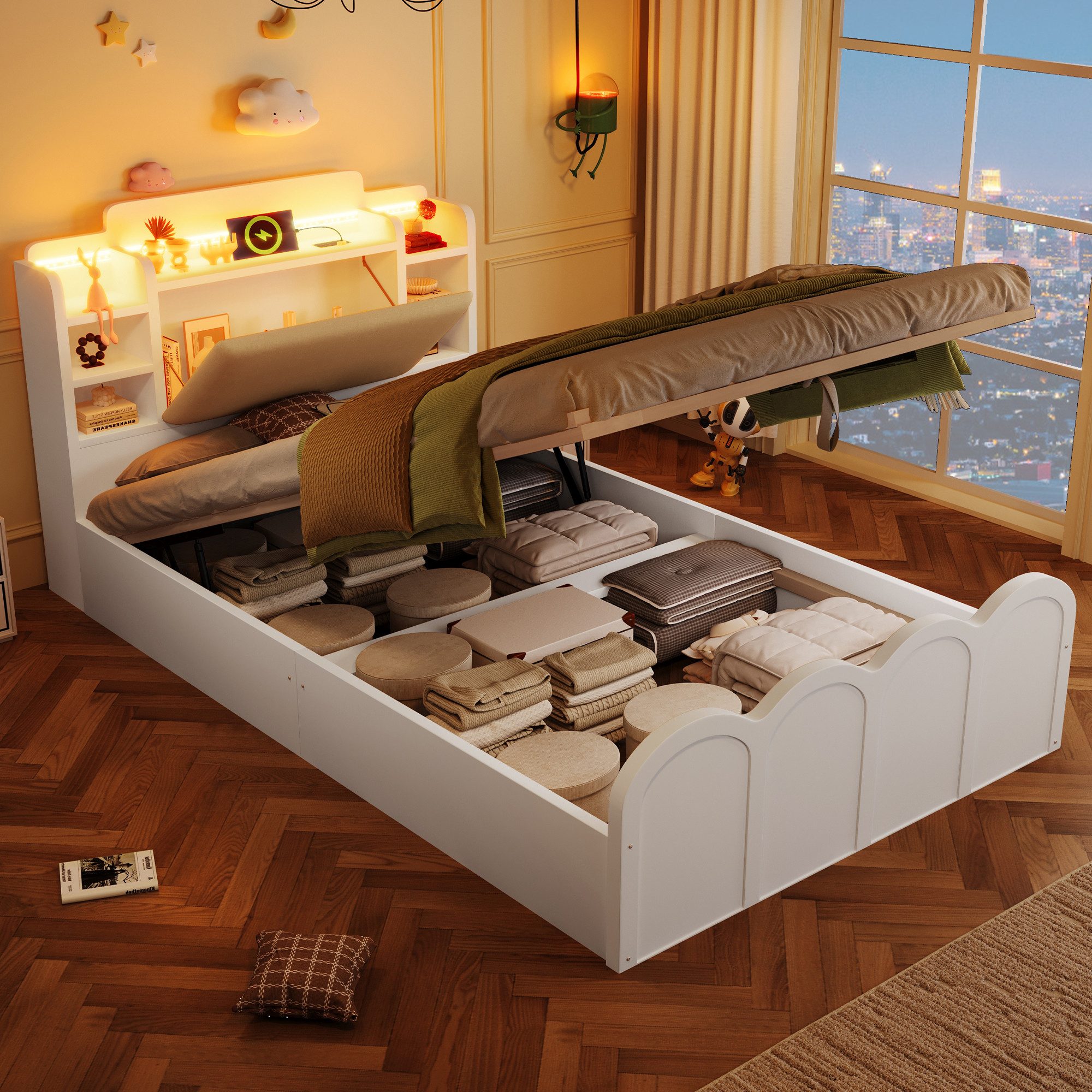 Merax Massivholzbett Paneelbett mit LED Beleuchtung und USB & Typ-C Ladefunktion (Kopfteil mit klappbarem Stauraumfach, 1-tlg), Holz Jugendbett 90x200cm mit hydraulischem Stauraum und Ablagefächer