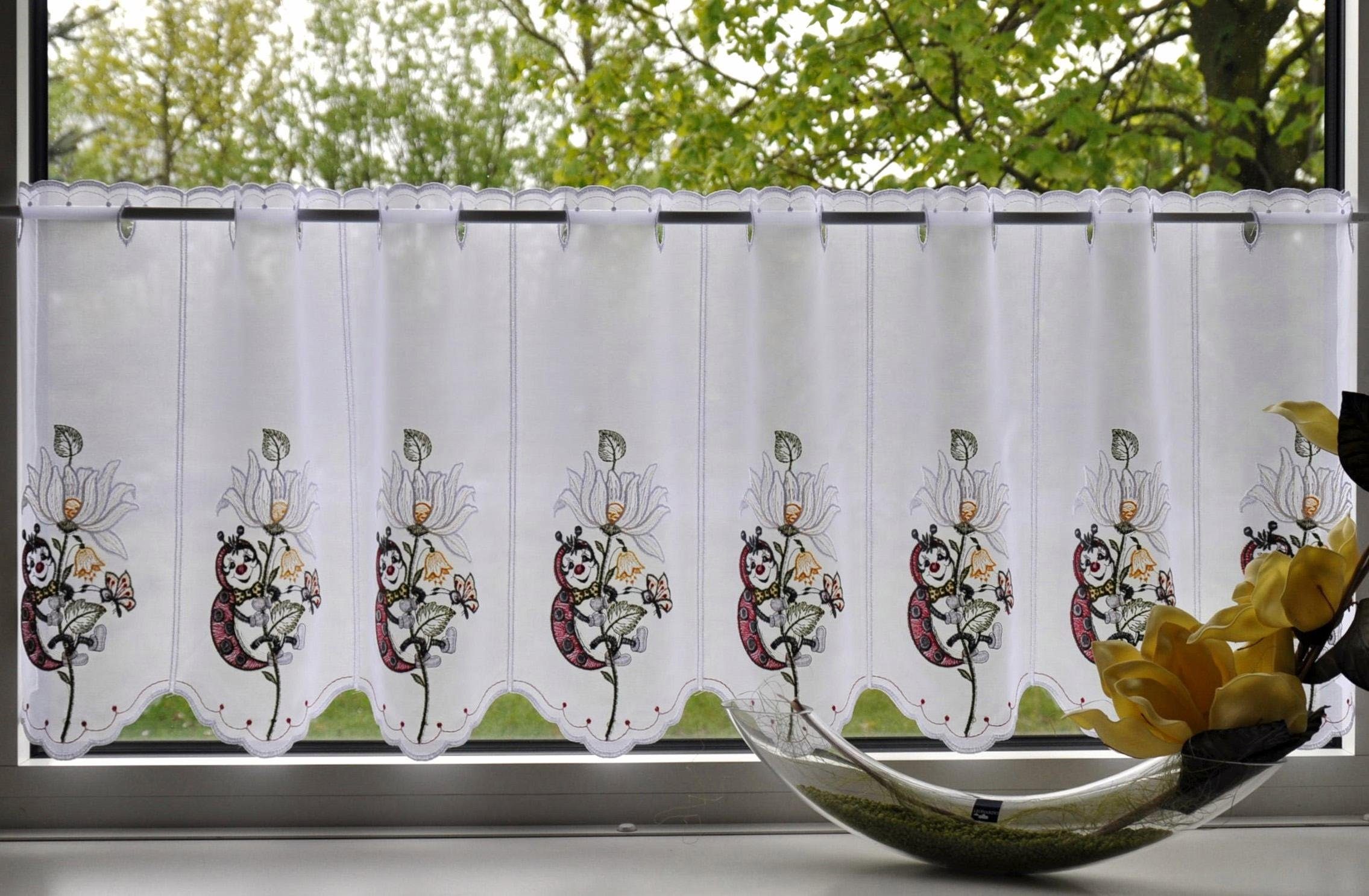 Stickereien Plauen Scheibengardine Marienkäfer, Stangendurchzug (1 günstig online kaufen