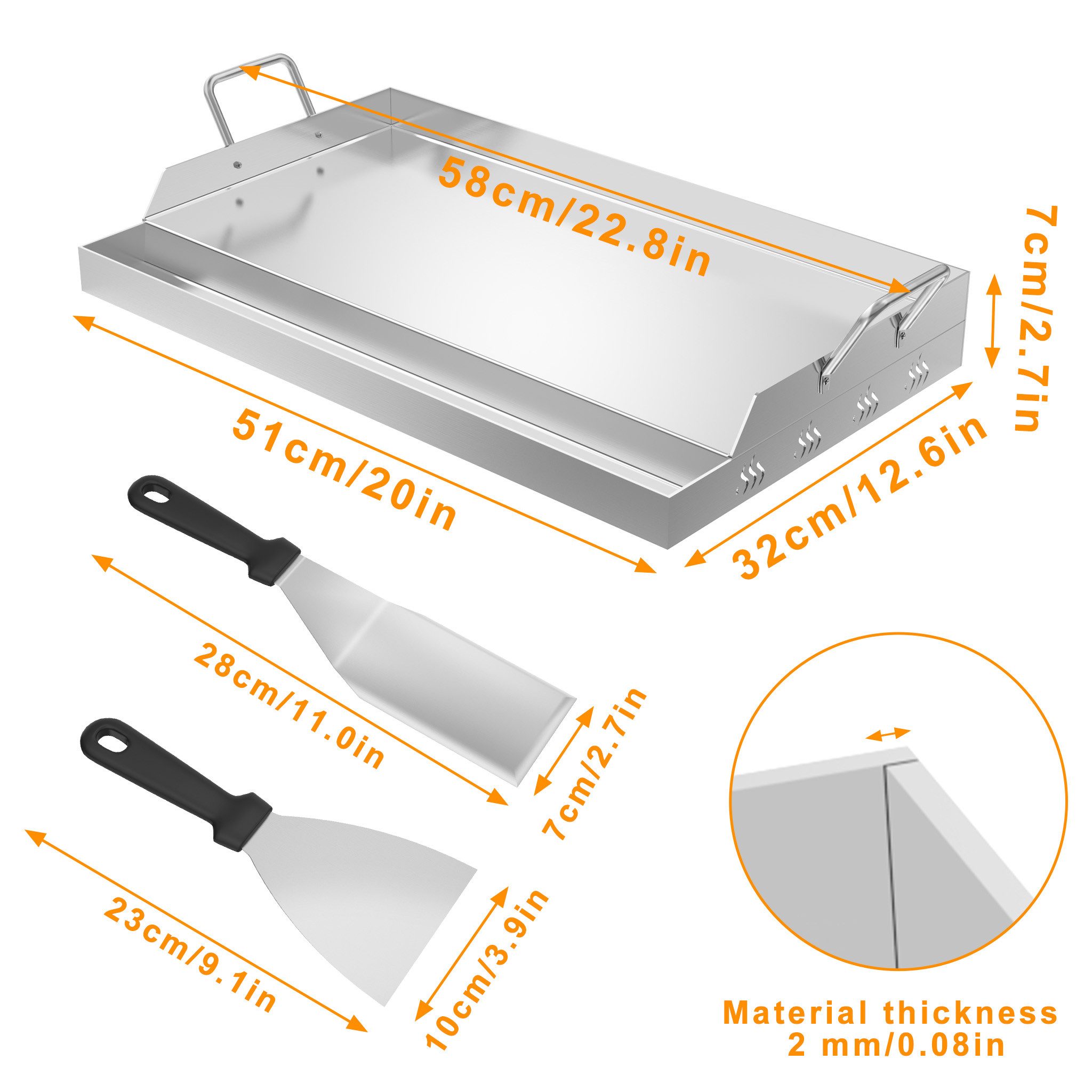 FIVMEN Grillplatte Edelstahl Grill Platte Set Universal BBQ Plancha Gasgrills Grillschale (Mit Griffe und Grillspachtel), für Gleichmäßige Hitzeverteilung Grillschale Inbegriffen Grillspachtel