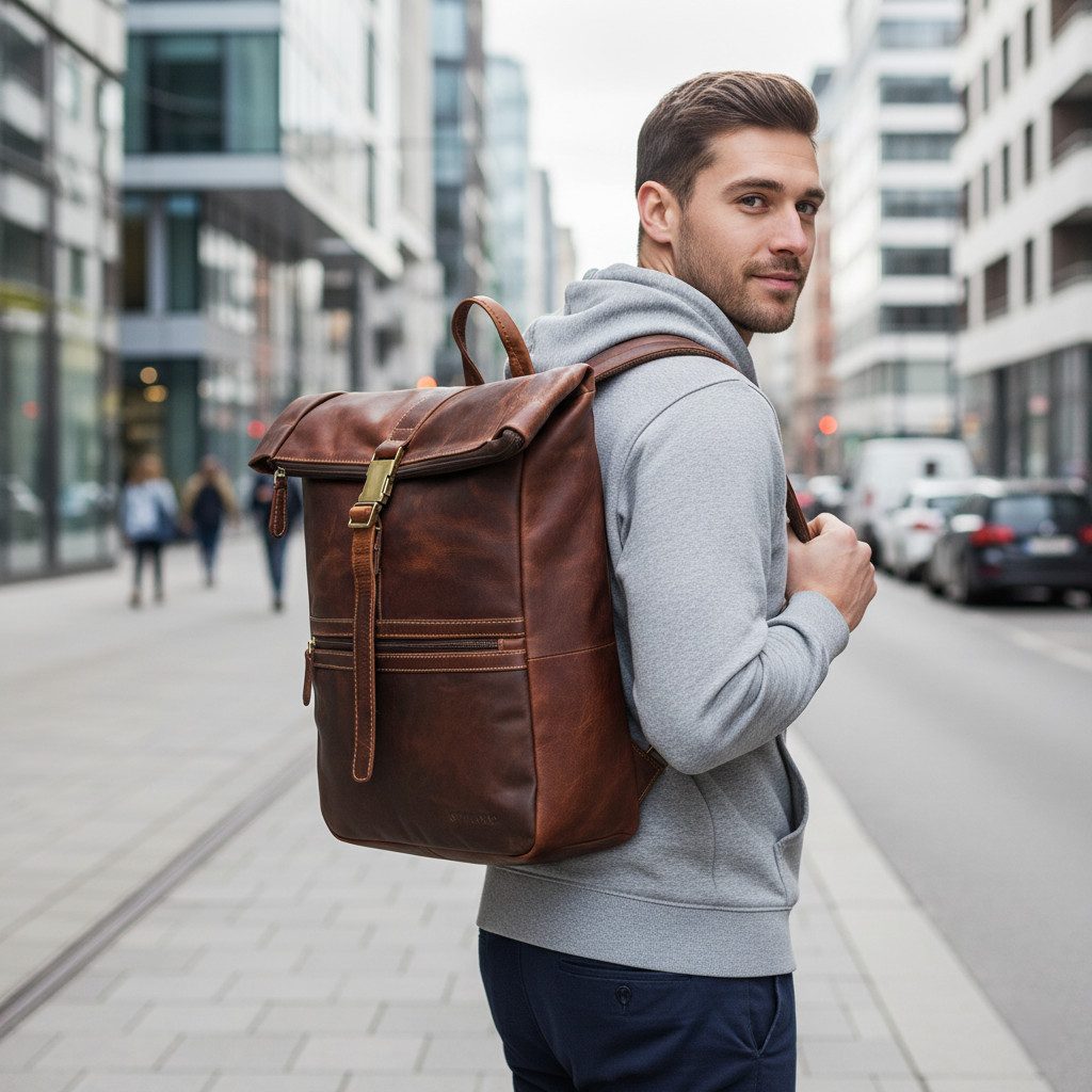 STILORD Notebookrucksack "Cairo" Vintage Kurierrucksack Rolltop Leder groß Herren