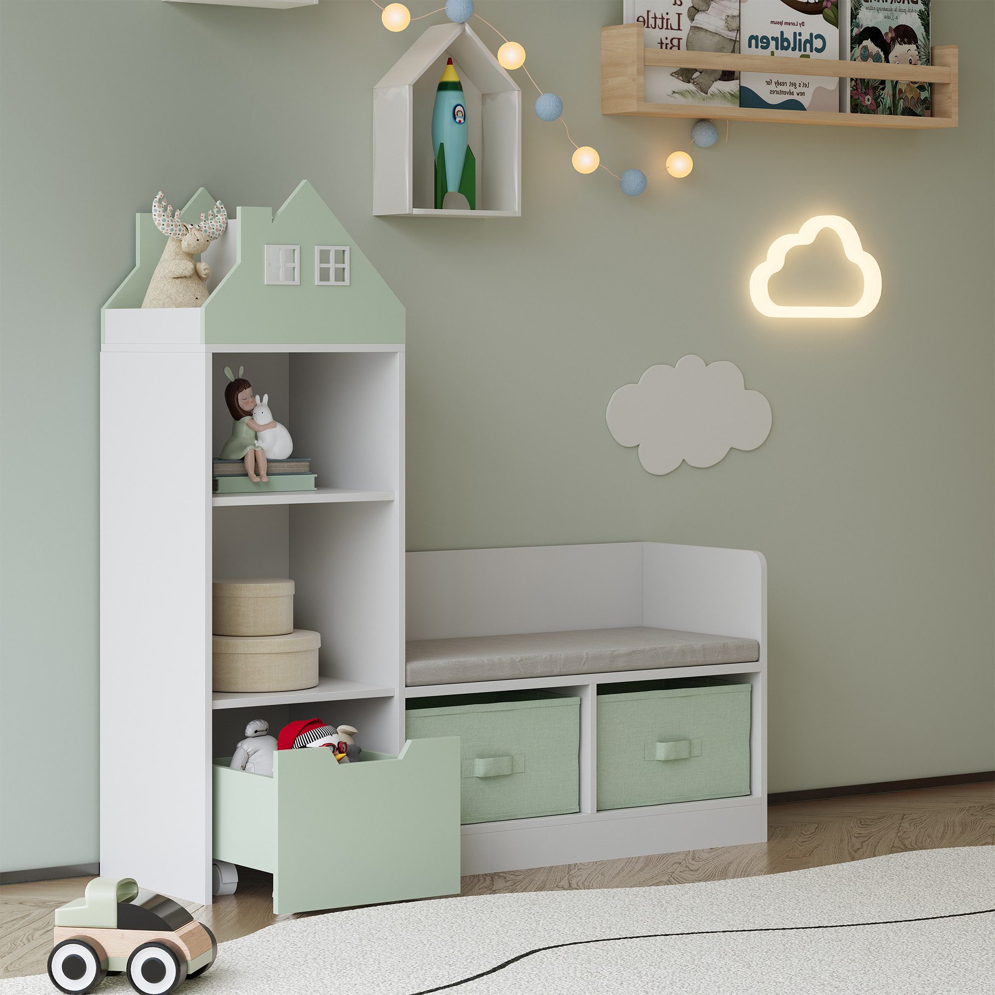 en.casa Sitzbank, mit Regal für Kinder »Vipsali« mit 2 Faltboxen 100x99x30 cm Mint/Weiß