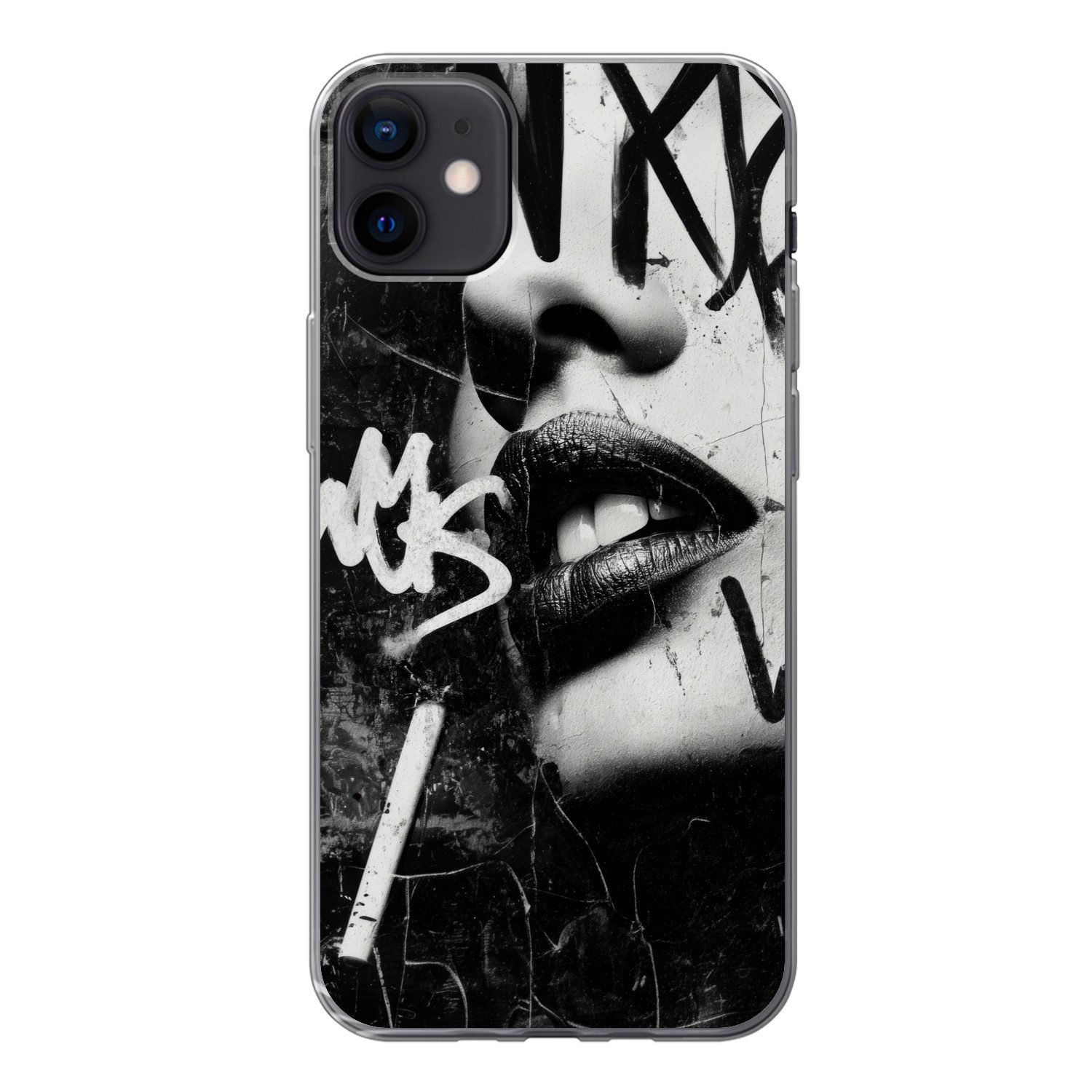 MuchoWow Handyhülle für Apple iPhone 12 Mini Gesicht - Mund - Graffiti - Schwarz, Smartphone-Bumper, Print, Handy Schutzhülle Dünn