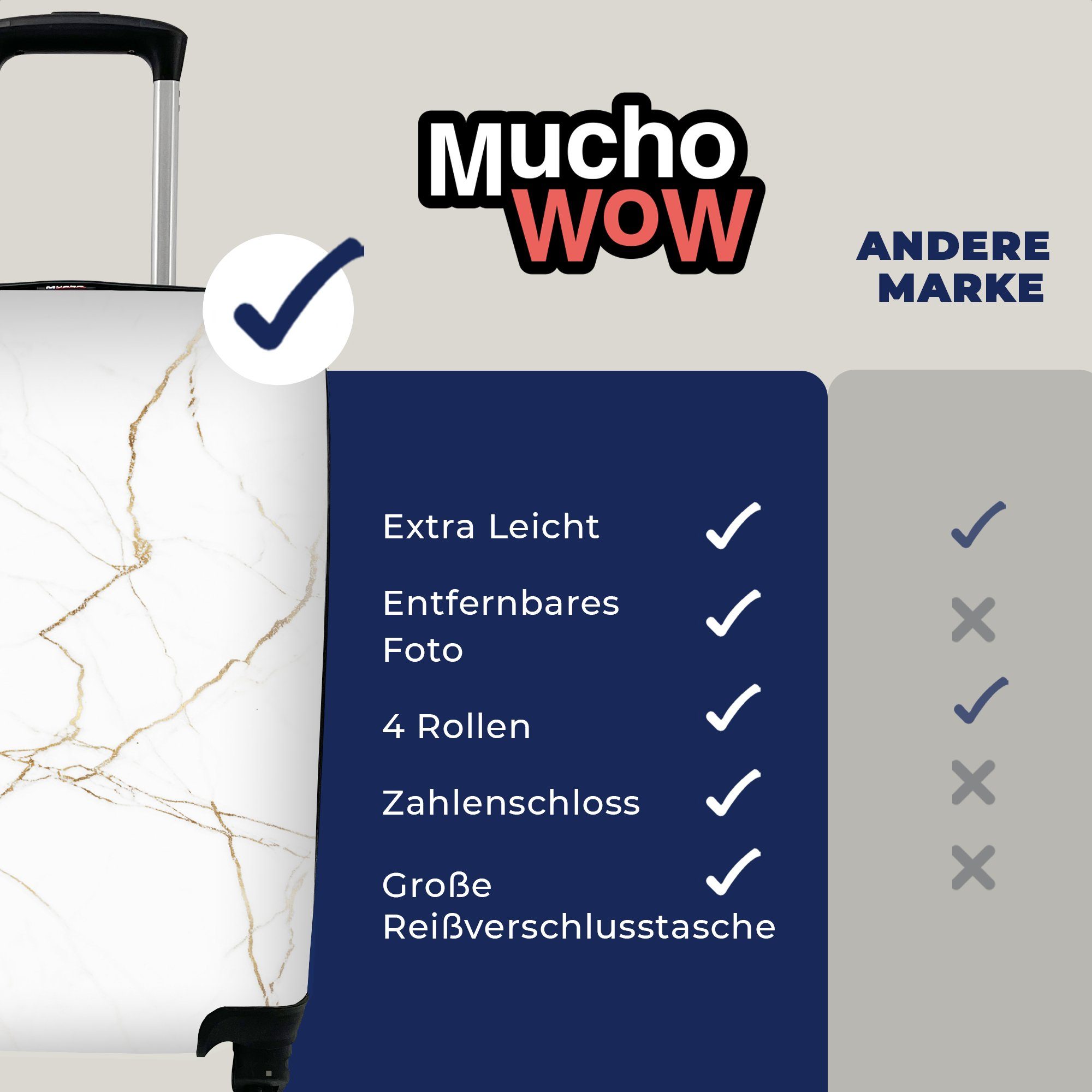 MuchoWow Handgepäckkoffer 4 Ferien, Gold, Rollen, - - für Trolley, Reisekoffer rollen, mit Reisetasche Marmor Handgepäck Weiß