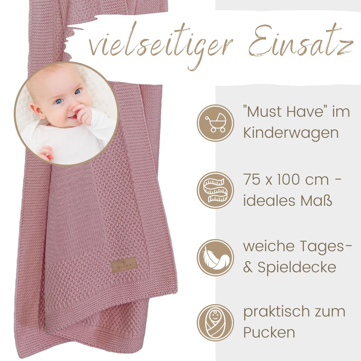 Babydecke DIKOS® Kuscheldecke Bordüre *100%* Bio Baumwolle, Geschenk zur Geburt, DIKOS, Strickdecke 75×100, Baby Erstausstattung Neugeborene, Babygeschenk – Bild 4 von 5