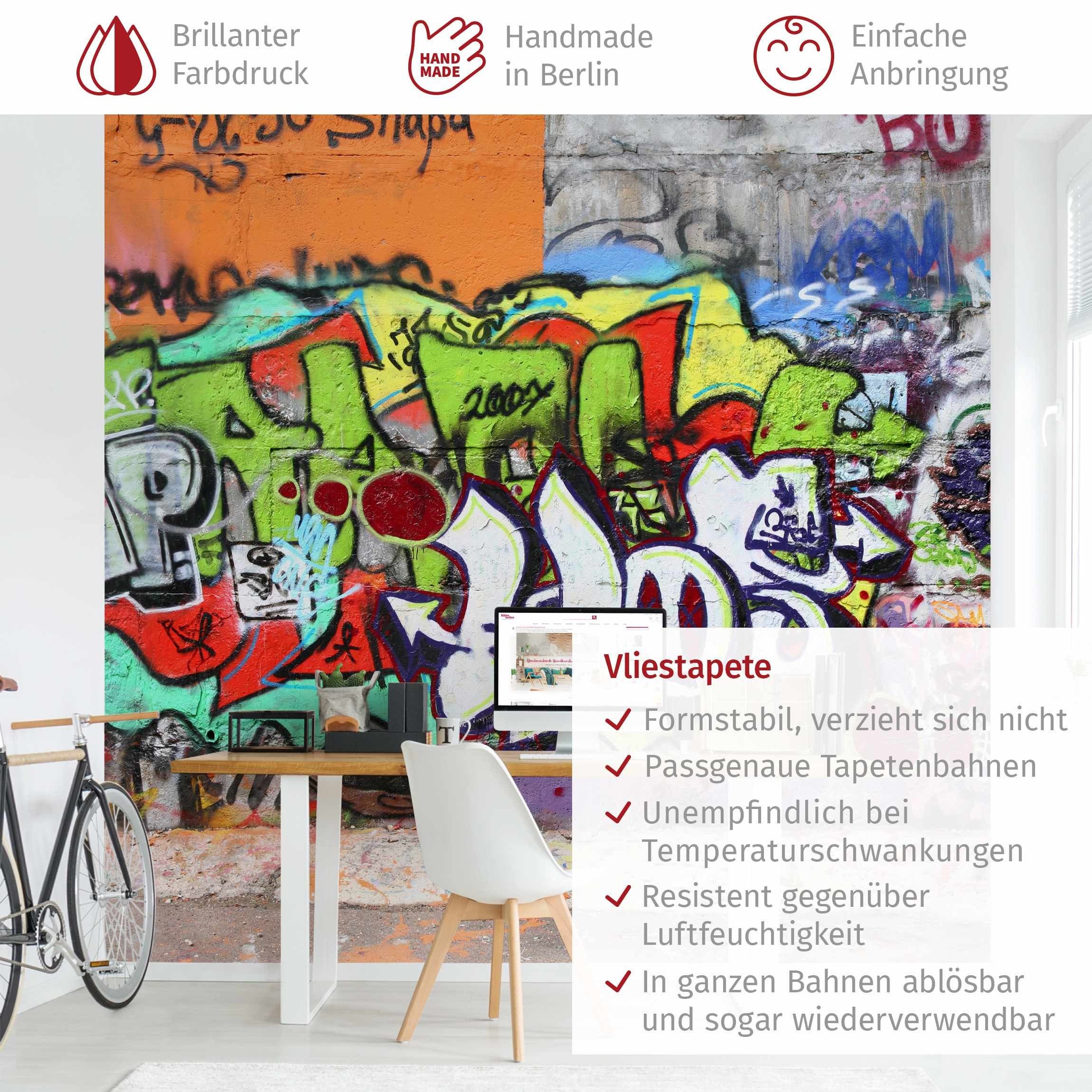 Bilderdepot24 Mustertapete Graffiti Optik Graffiti Wall Modern Street Art Wanddeko Kunst, Glatt, Matt, (Vliestapete inkl. Kleister oder selbstklebend), Jugendzimmer Flur Büro Wohnzimmer Fototapete Vliestapete Wandtapete