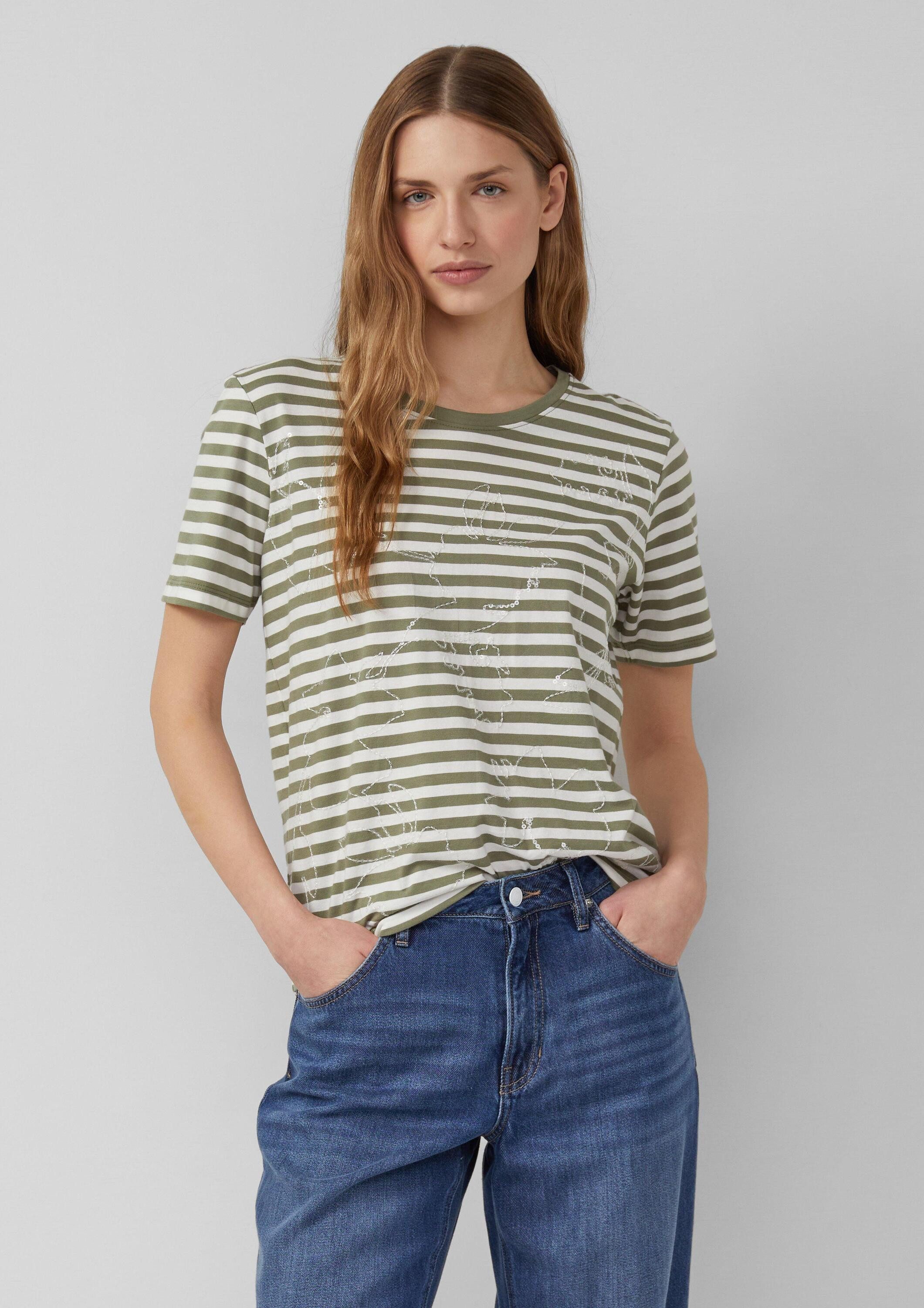 s.Oliver Kurzarmshirt T-Shirt Gestreiftes Baumwoll-T-Shirt mit Pailletten