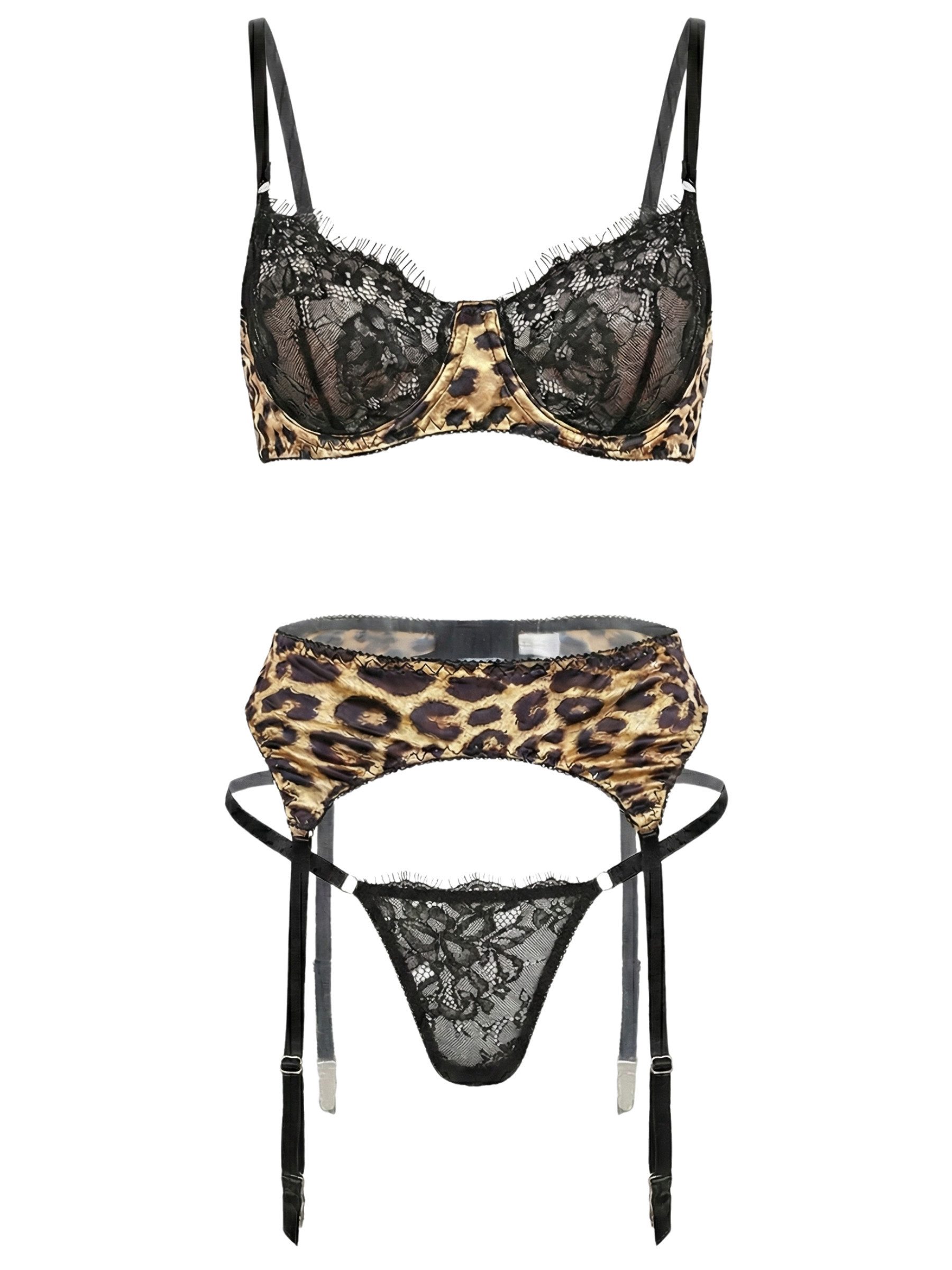 Elegant Love Set: Bügel-BH Dessous-Set Leo-Print & Spitze – sexy Reizwäsche (Set, 3-tlg., BH + Strumpfhaltergürtel + String) Damenunterwäsche – Lingerie Set mit verstellbaren Strumpfhaltern