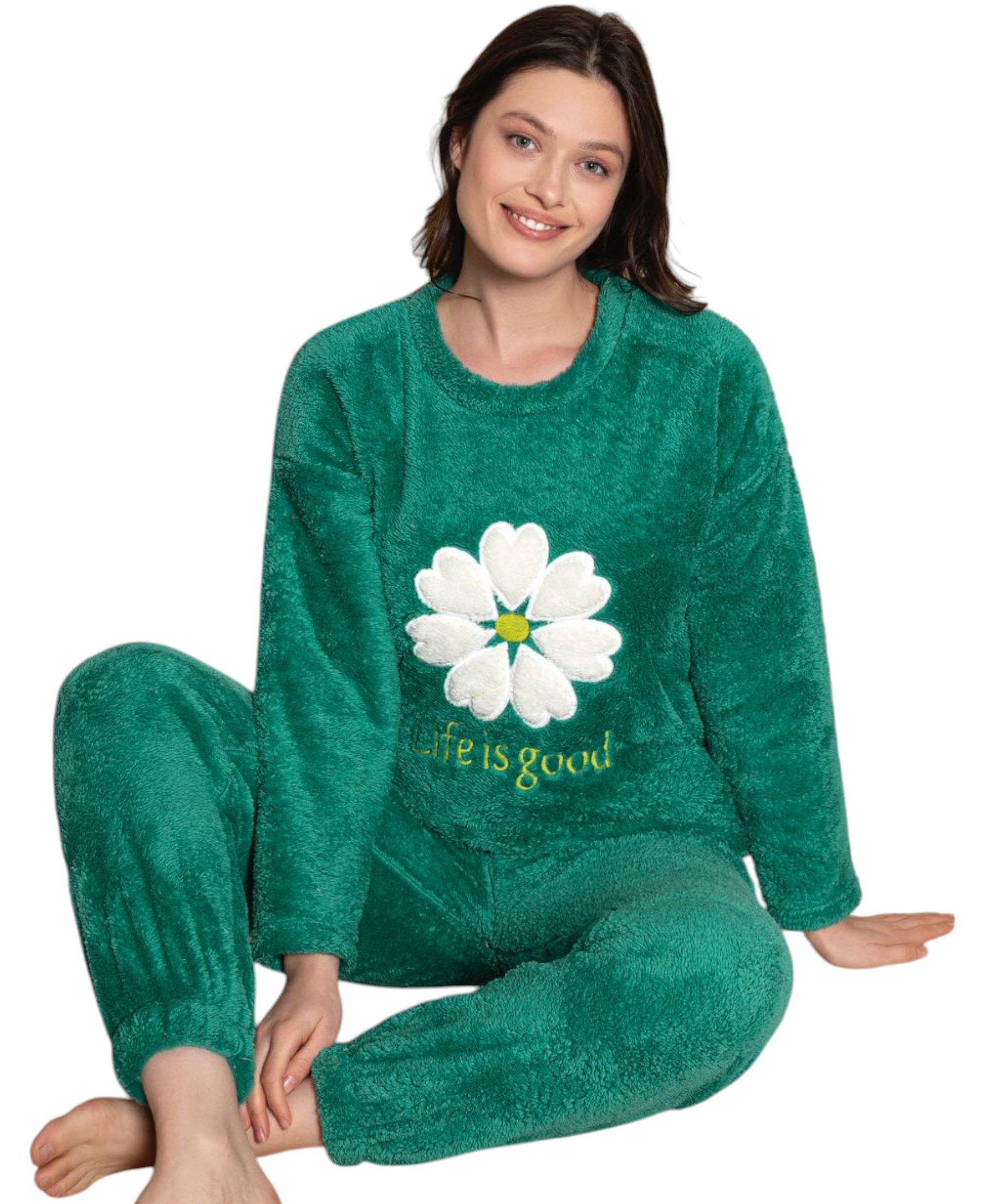 fashionshowcase Hausanzug Damen Winter Pyjama Set Schlafanzug Plüsch Zweiteiler weich