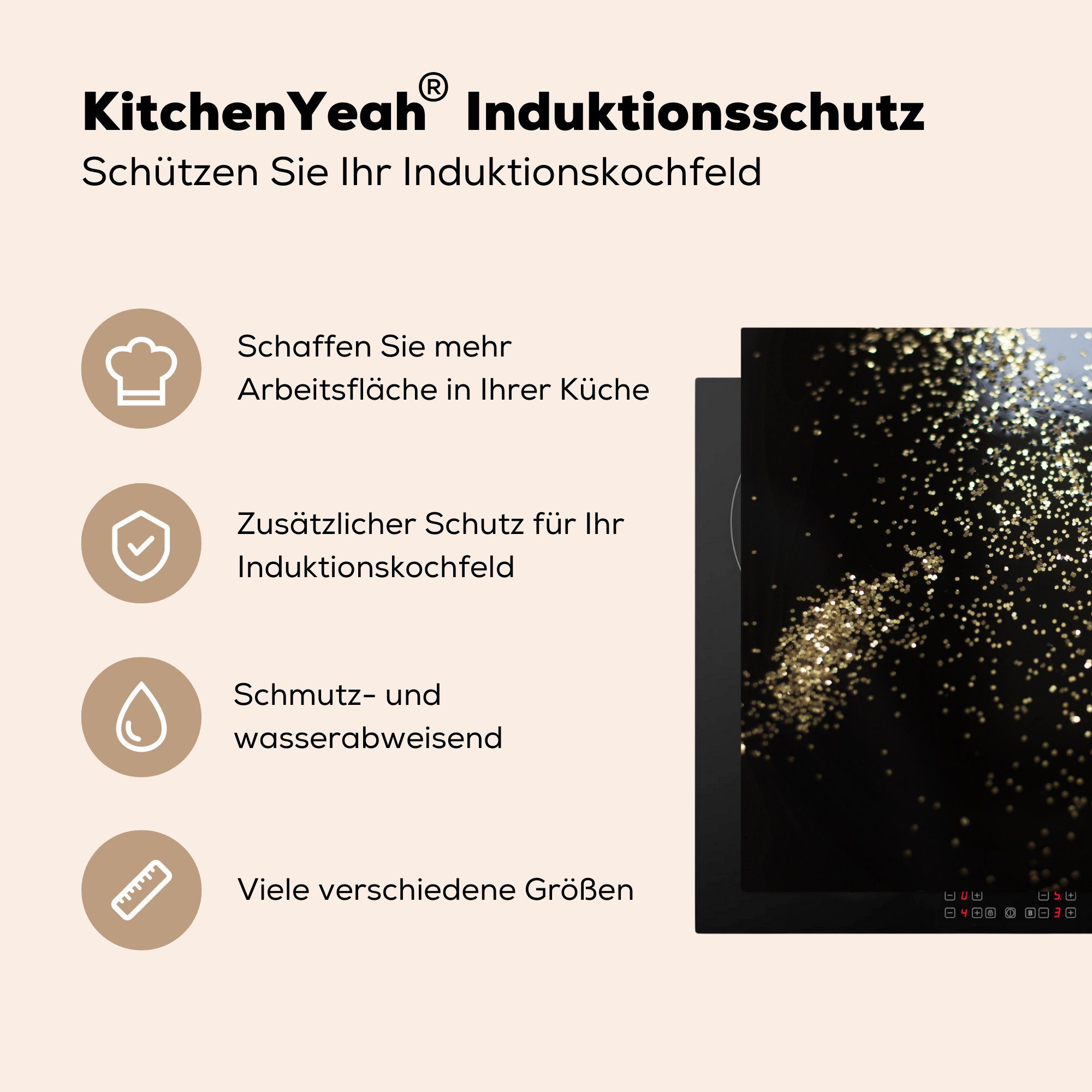 MuchoWow Herdblende-/Abdeckplatte Marmor - tlg), Gold (1 Schwarz, Vinyl, - Glitter - küche 78x78 cm, für Arbeitsplatte Ceranfeldabdeckung