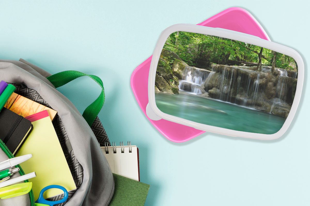 MuchoWow Lunchbox Mehrere kleine Wasserfälle für Kinder, Brotdose Snackbox, Brotbox Erawan-Nationalpark Thailand, Kunststoff, rosa in im (2-tlg), Erwachsene, Kunststoff Mädchen