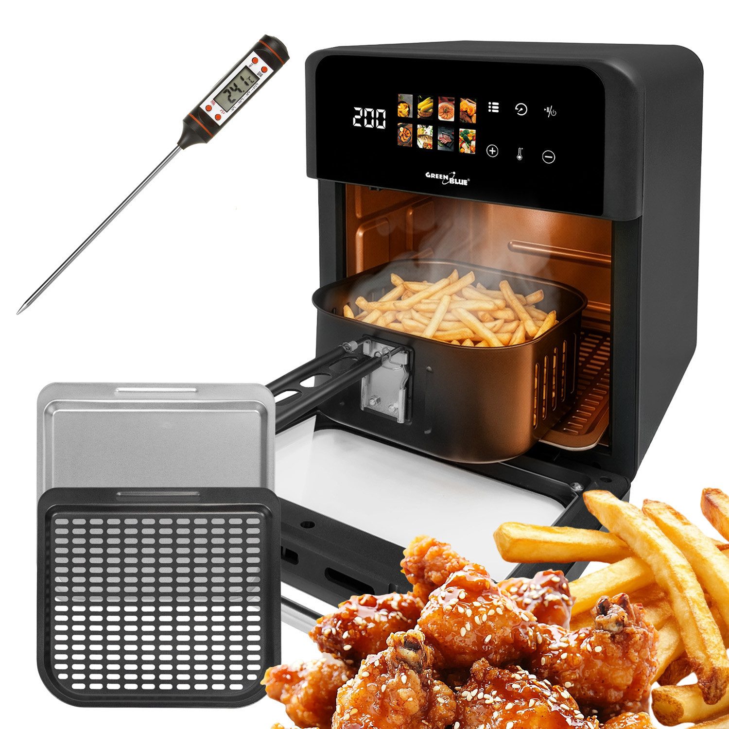 GreenBlue Heißluftfritteuse, 1800 W, Air Fryer Zubehör, Timer
