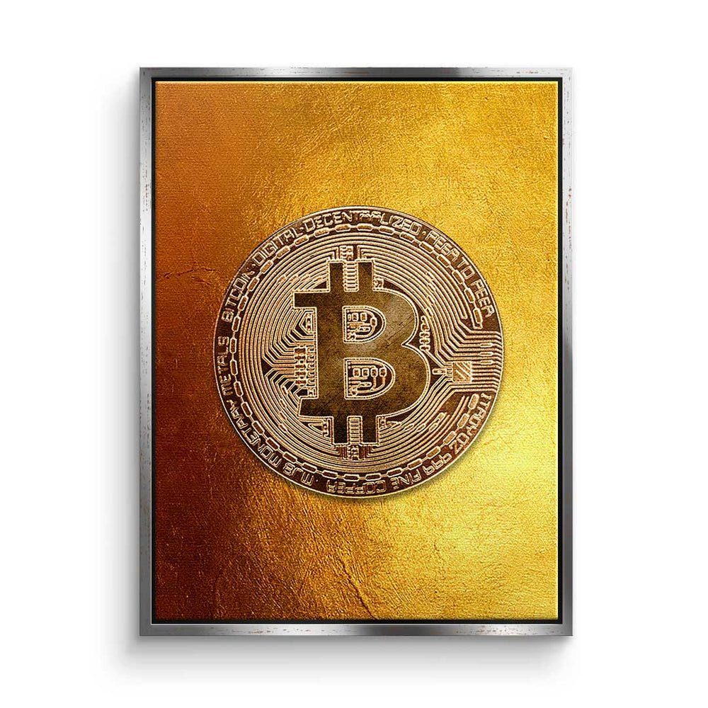 DOTCOMCANVAS® Leinwandbild, Premium Leinwandbild - Crypto - Golden Bitcoin - Trading - Motivation silberner Rahmen