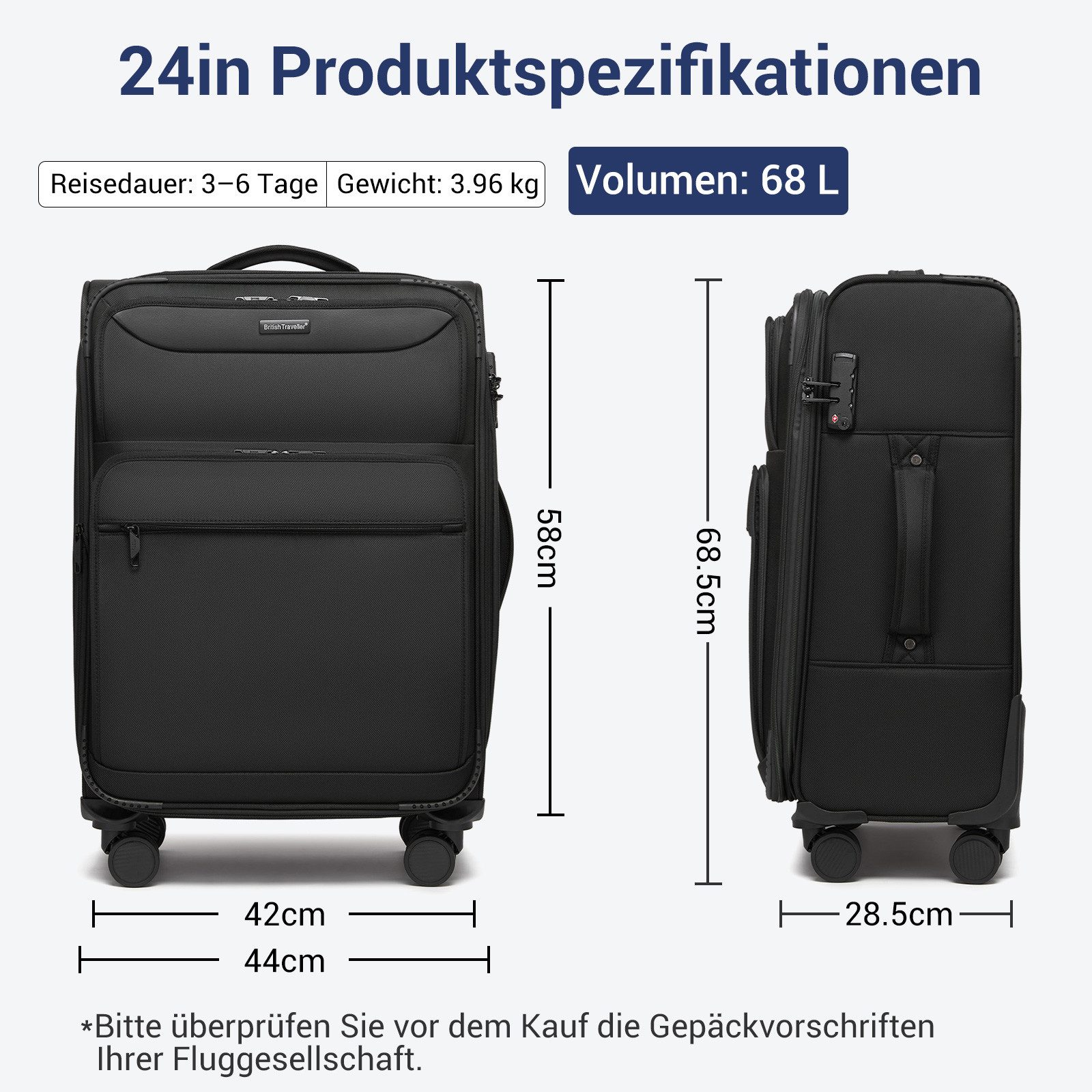 British Traveller Handgepäck-Trolley Stoffkoffer erweiterbar mit Frontfäche günstig online kaufen