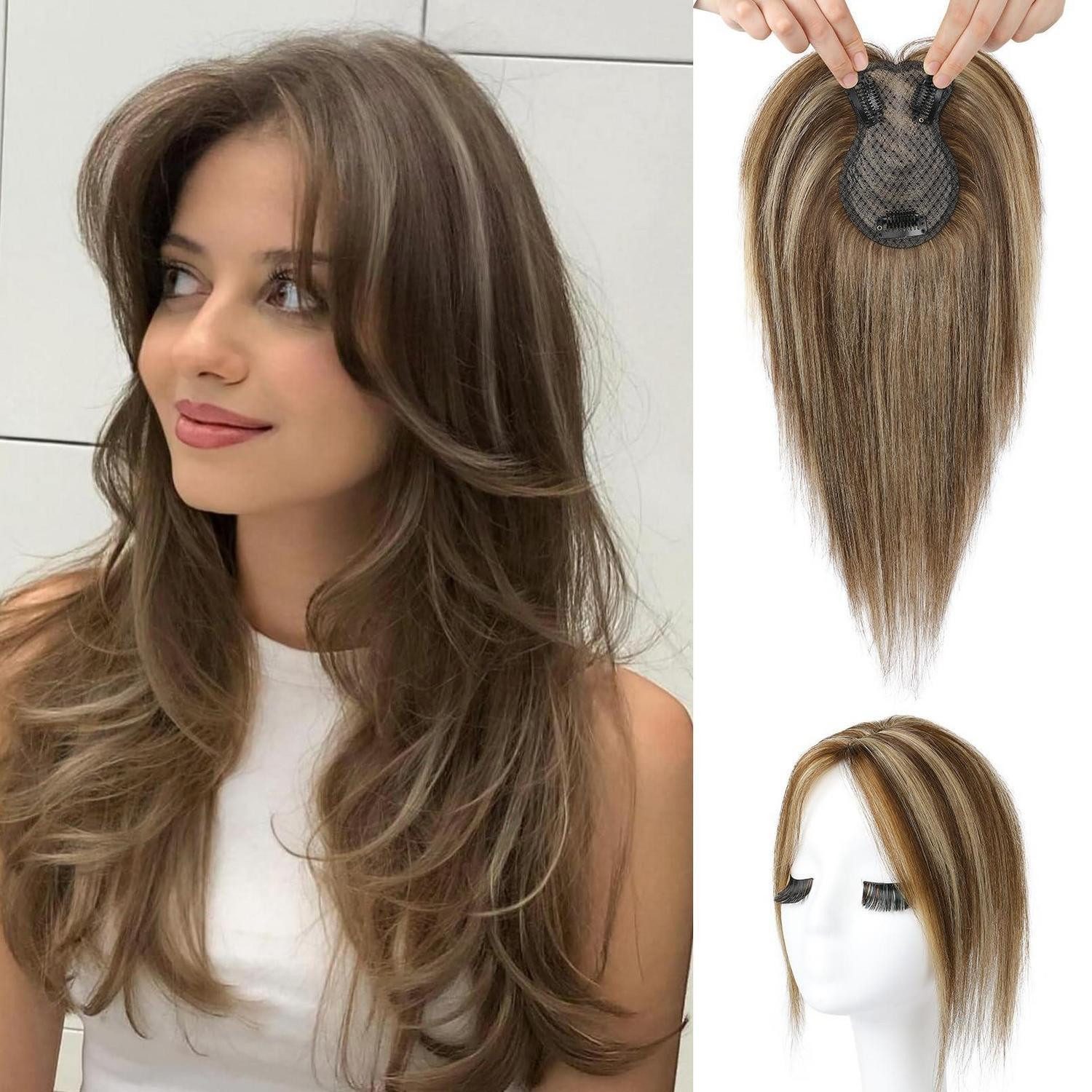 LuxusKollektion Echthaar-Extension Topper Echthaar Damen Clipin 26 CM Mittelbraun mit blonden Strähnen