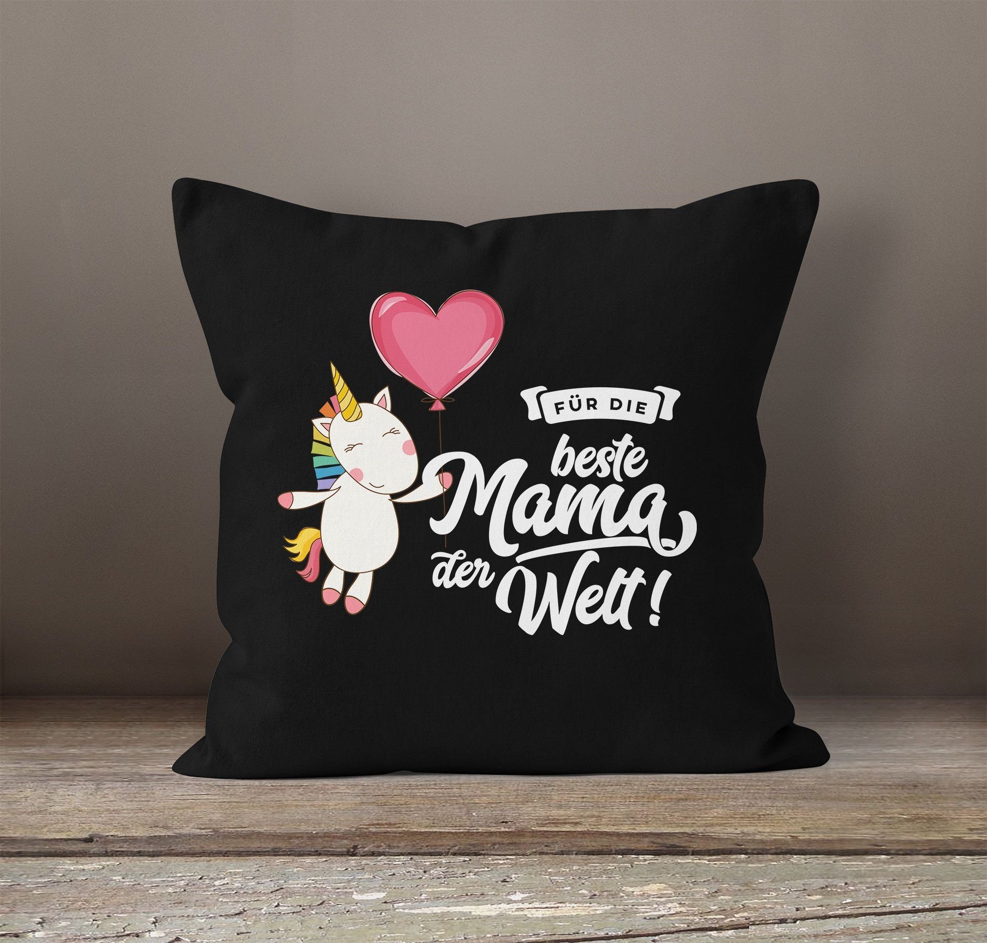 Day Einhorn Beste Kissenbezug Dekokissen Mama Mother`s 40x40 Unicorn der Muttertag Baumwolle MoonWorks® MoonWorks schwarz Welt