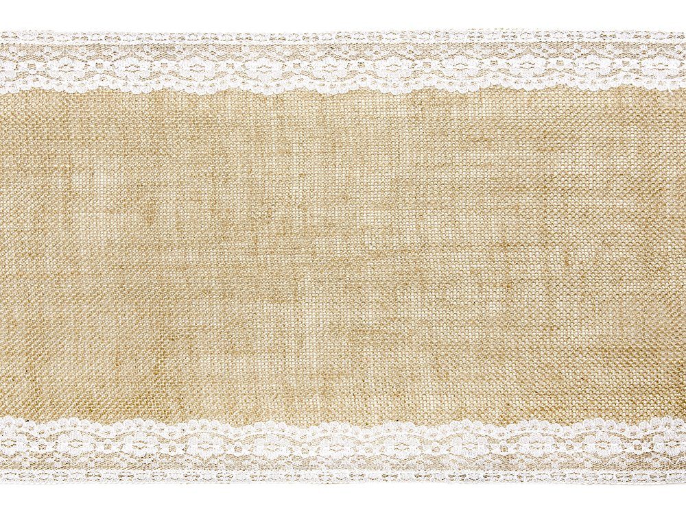 partydeco Tischläufer, Tischläufer Jute mit Spitze 28cm x 2.75m Rolle natur braun / weiß