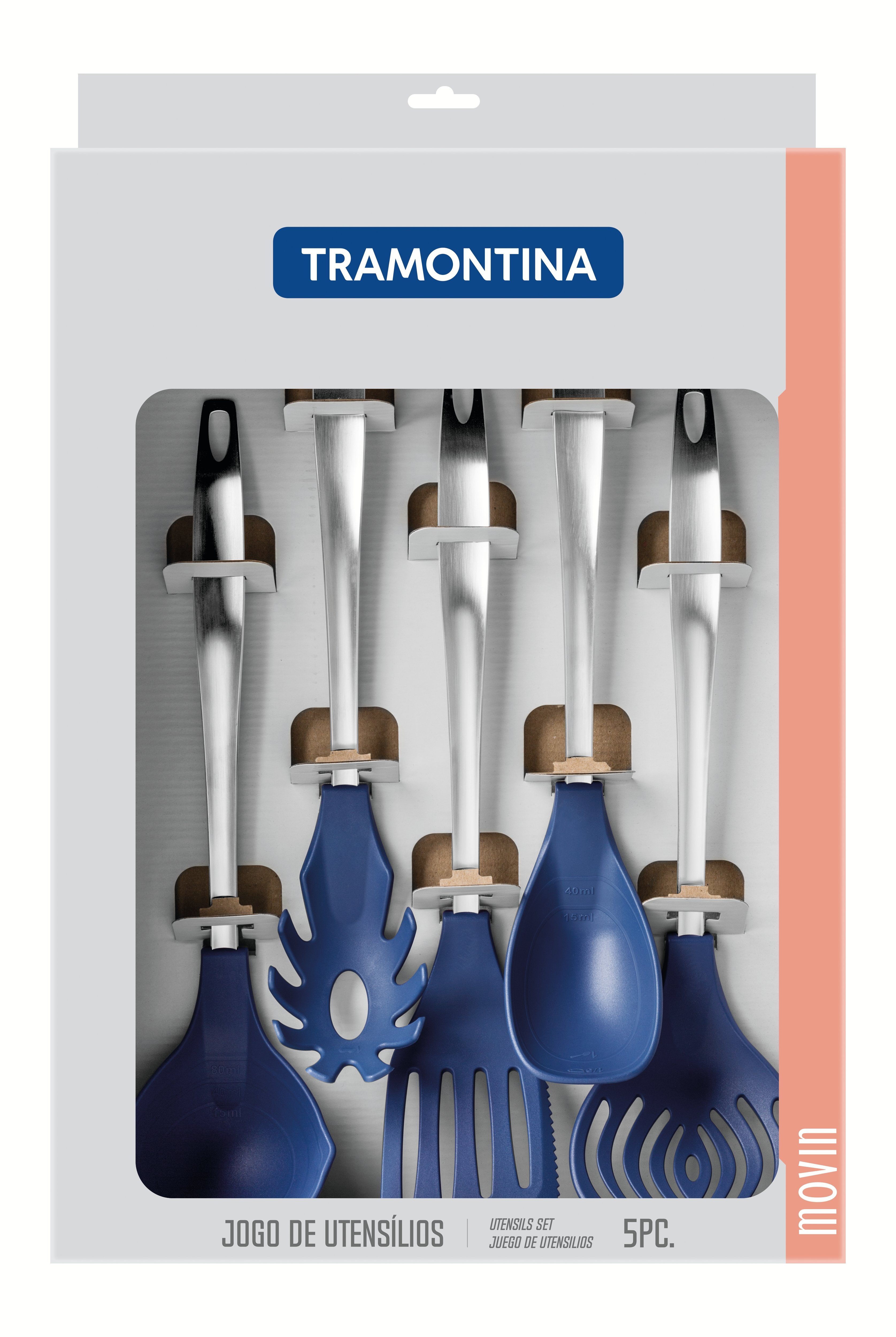 Tramontina Kochbesteck-Set MOVIN (5-teiliges Set, Küchenhelfer blau Kochbesteck-Set, 5-tlg), Kochgeschirr antihaftbeschichtetes Küchenutensilien für Set