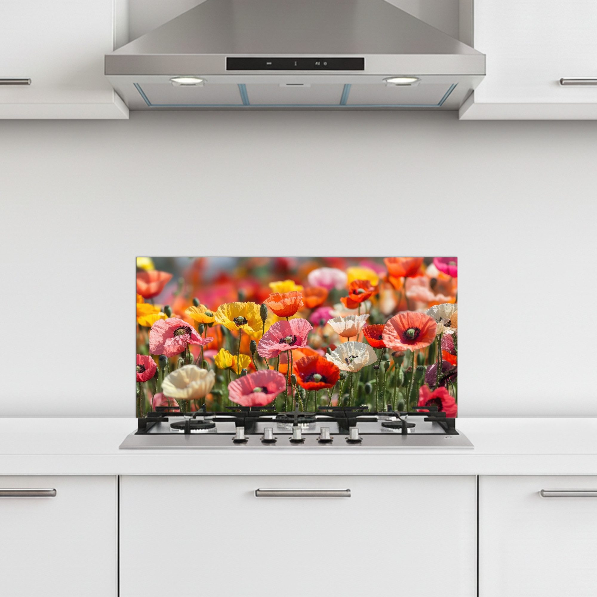 KitchenYeah Küchenrückwand selbstklebend (keine Folie) Blumenfeld - Mohnblumen - Farbenfroh, (1-tlg), Küchenrückwand, Spritzschutz, Kitchen, 60x30 cm