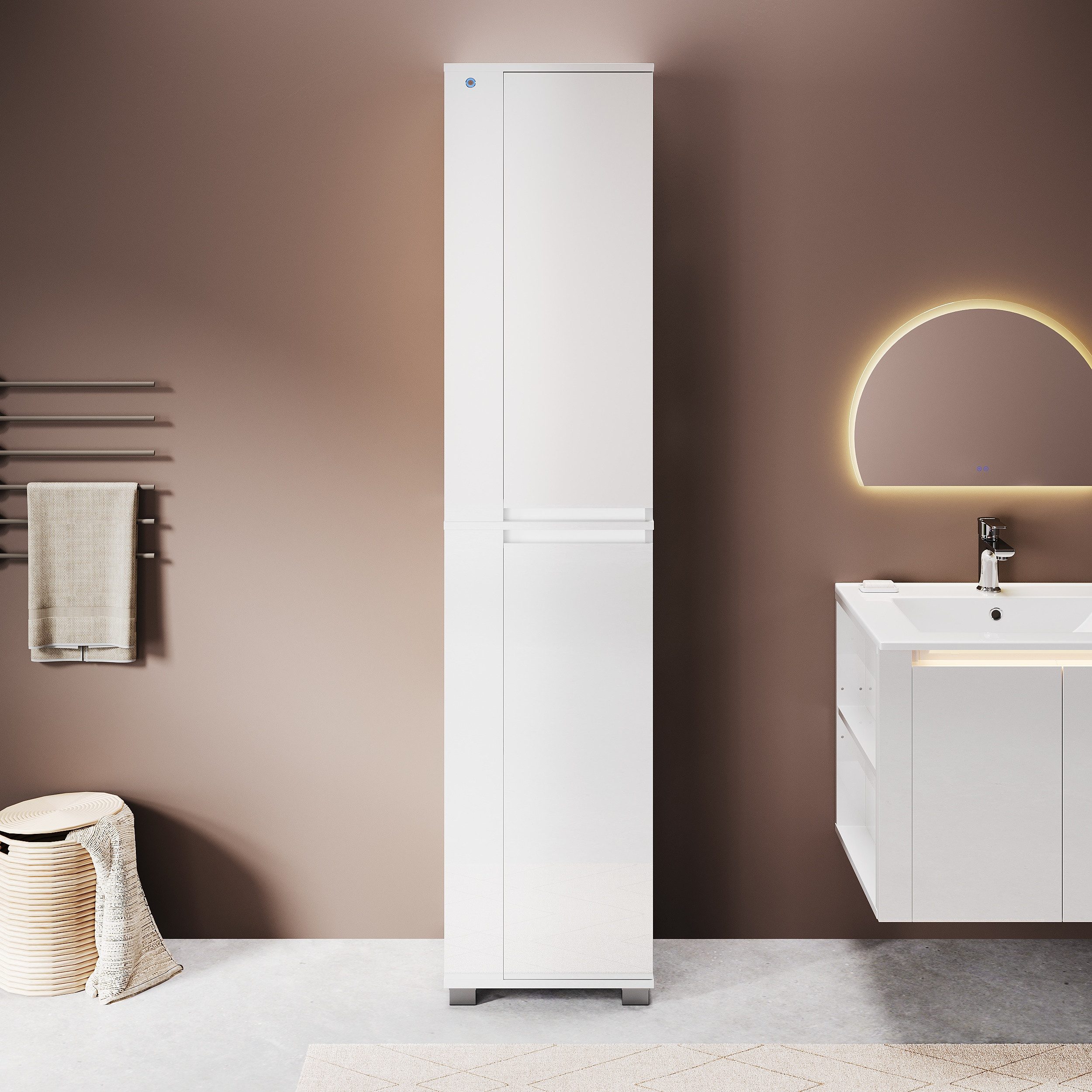 SONNI Hochschrank Badezimmerschrank Hochschrank Höhe:138/180cm mit Beleuchtung Badschrank schmal Hochglanz Weiss 40cm breit
