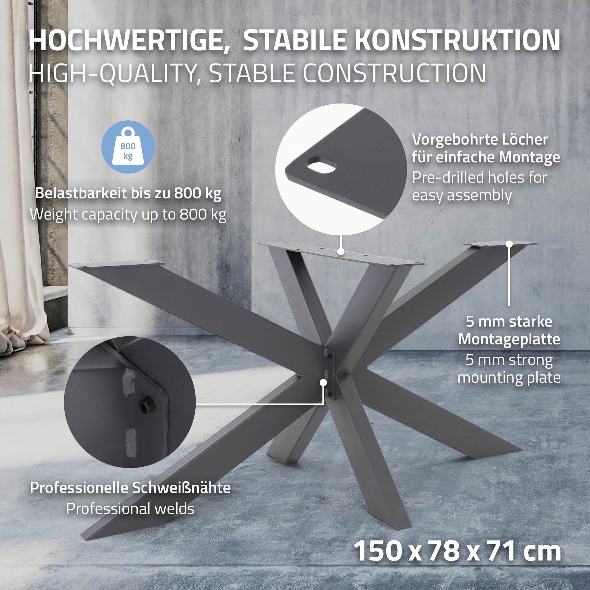 Stahl Tischkufen Industriedesign Möbelfüße Tischfüße Metall Kreuzgestell Tischbein ML-DESIGN DIY, 78x71x150cm X-Design Spider Tischgestell Anthrazit Schwerlast