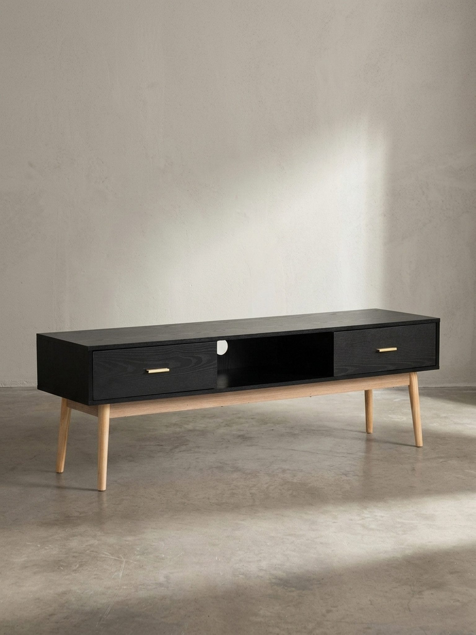KADIMA DESIGN Lowboard Lowboard Schwarz mit Eiche-Dekor 150x50x40 cm TV-Kommode Modern, (Ablagefach, Fernsehkommode Wohnzimmer), Design TV-Schrank Hoch, Fernsehtisch Fernsehschrank mit Schubladen &