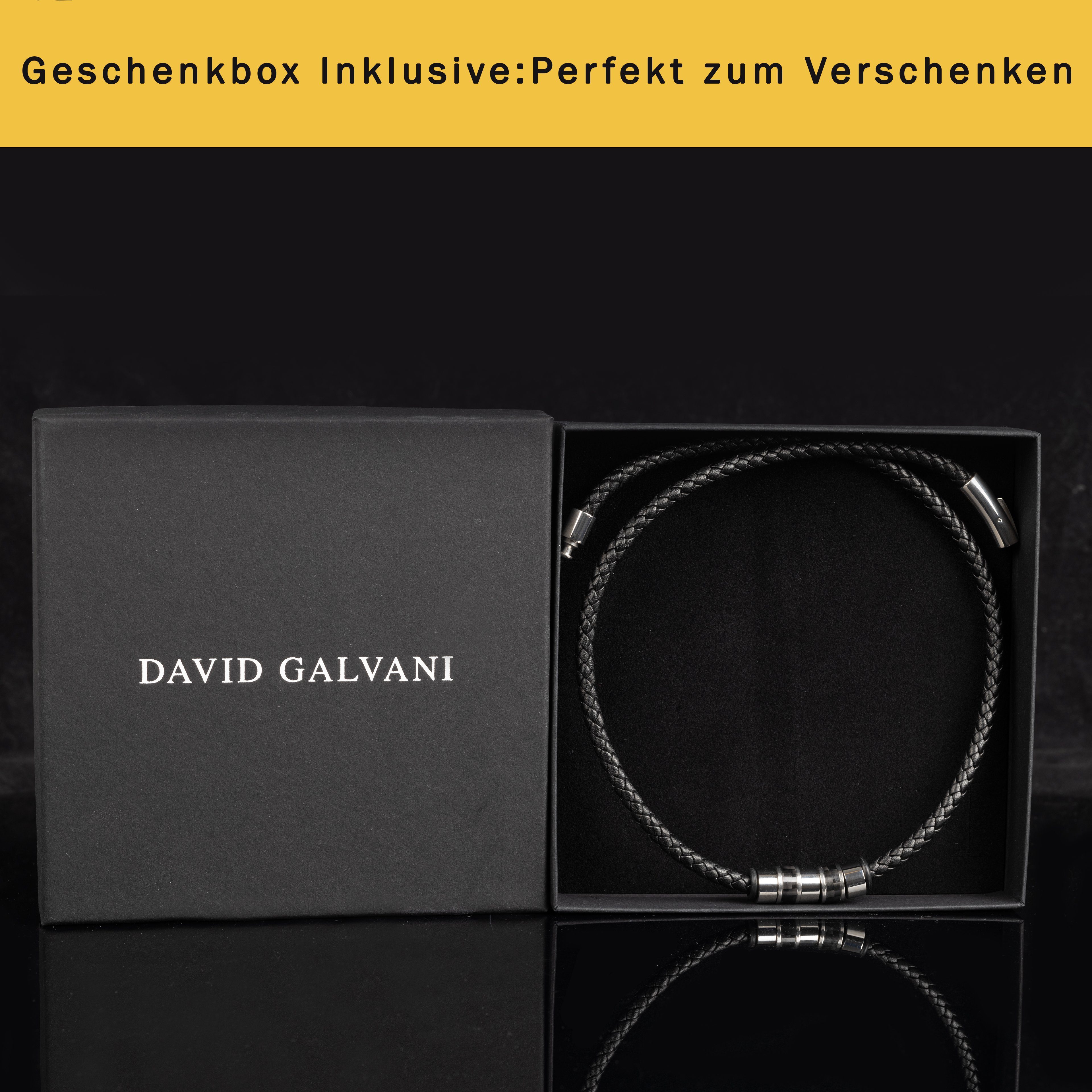 David Galvani Kette Silber in Edelstahl Lederkette Handmade mit Deutschland Herren Schwarz mit Beads, Anhänger