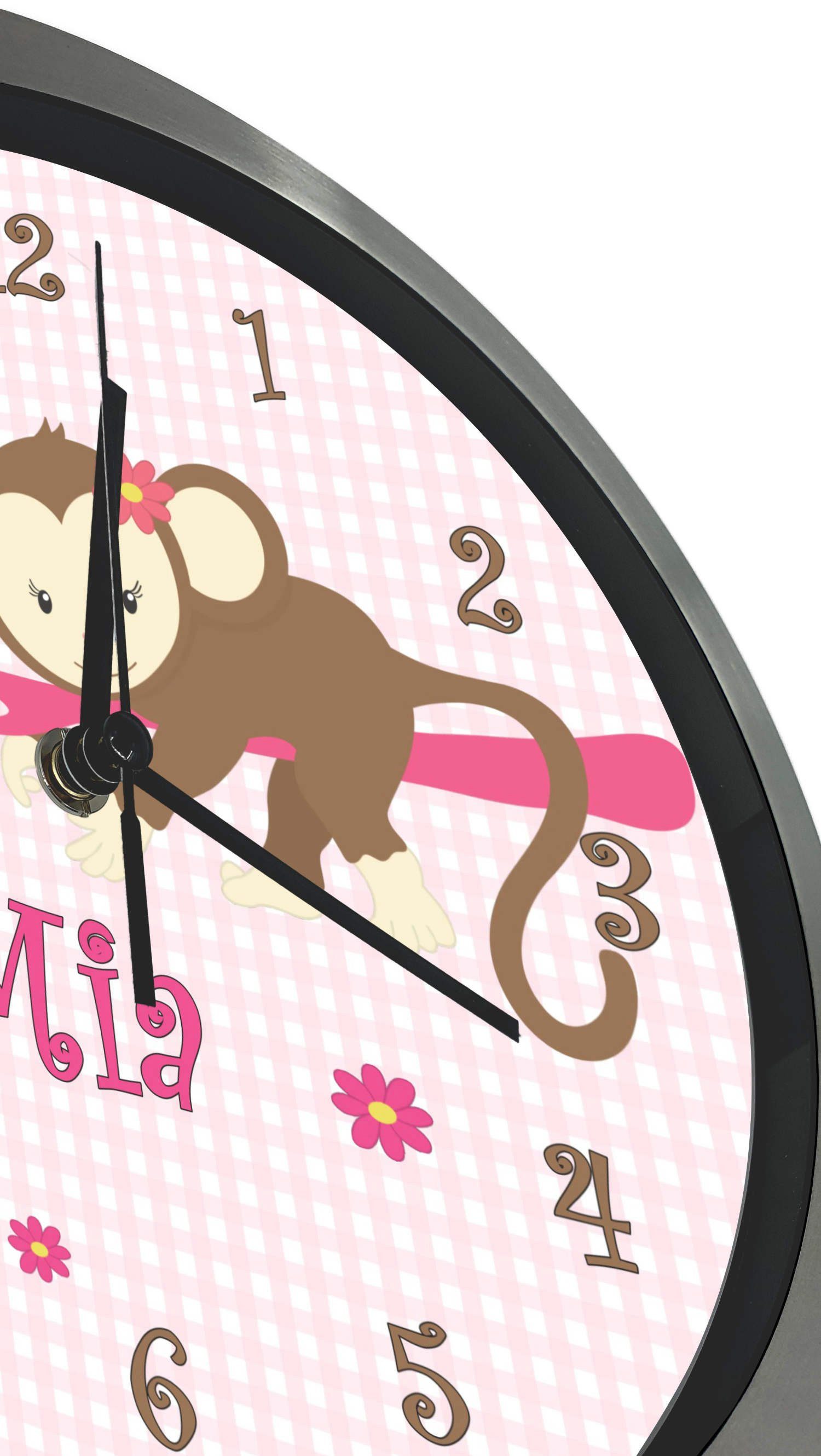 CreaDesign Funkwanduhr Kinderzimmer rosa Affe personalisiert Kinder Wanduhr