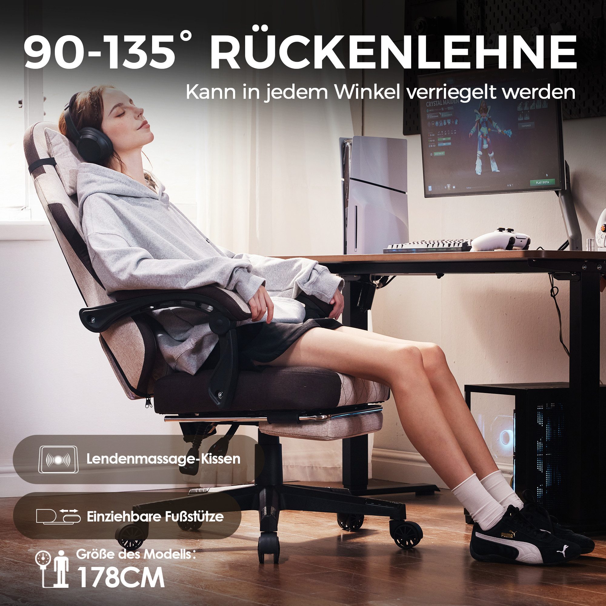 Dowinx Gaming-Stuhl Lendenwirbelstütze Bürostuhl mit Fußstütze für Erwachsene (Packung), Ergonomischer Gaming Sessel Groß und Hoch für Office Gaming 135KG – Bild 4 von 5