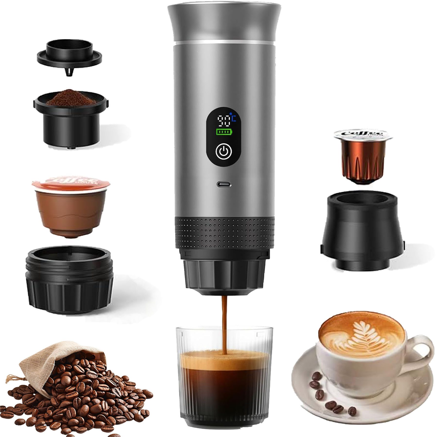 Senmudi Reisekaffeemaschine Reisekaffeemaschine, auto espressomaschine mit LCD-Display, Edelstahlfilter kompatibel mit gemahlenem Kaffee und NS-Kapseln mit USB, Für Familien und Reisende & wohnmobil gadgets und camping geschenke