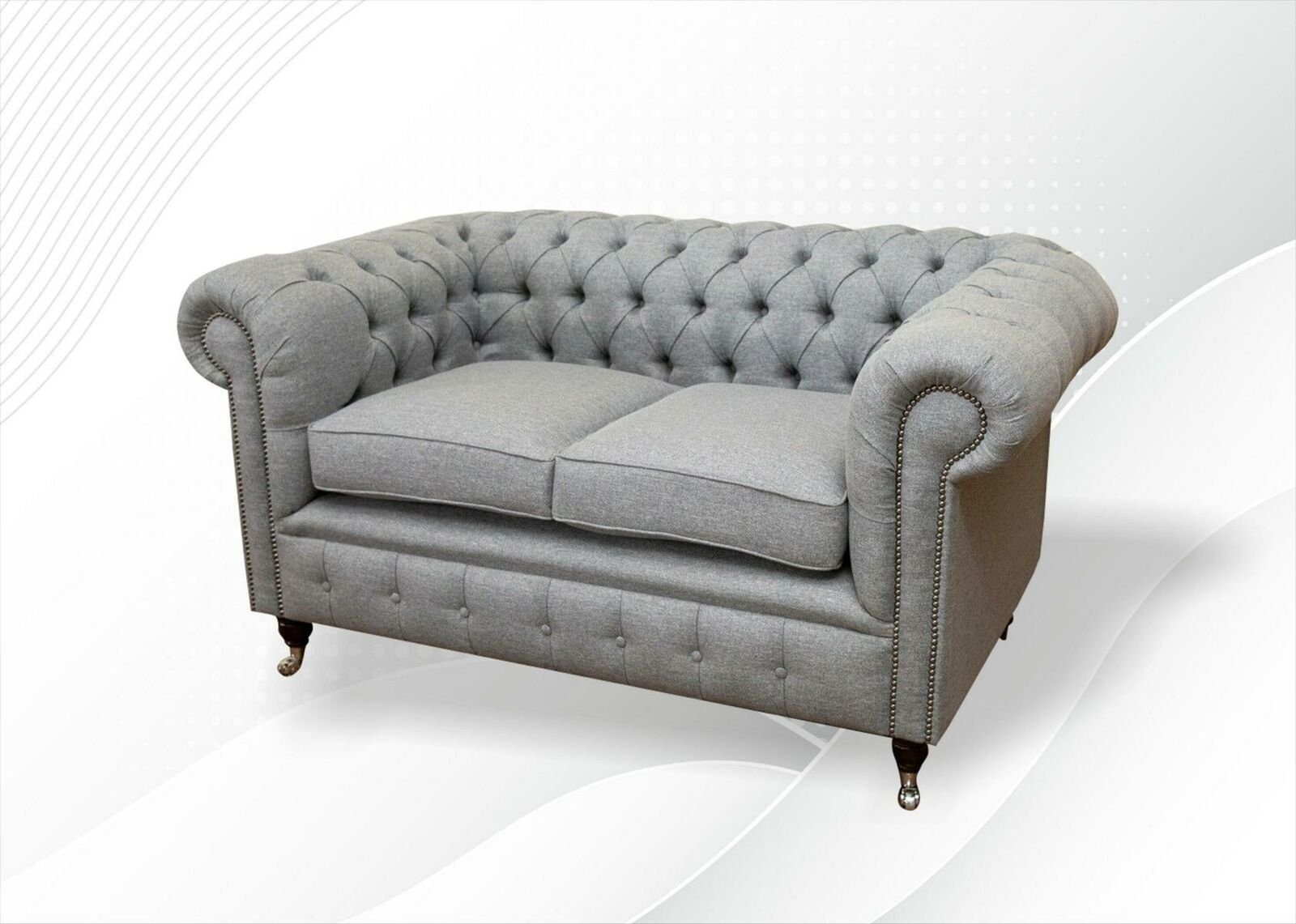 JVmoebel Chesterfield-Sofa, Chesterfield 2 Sitzer Hellgrau Textil Sofa Polster Wohnzimmer Stoff Design Sofas