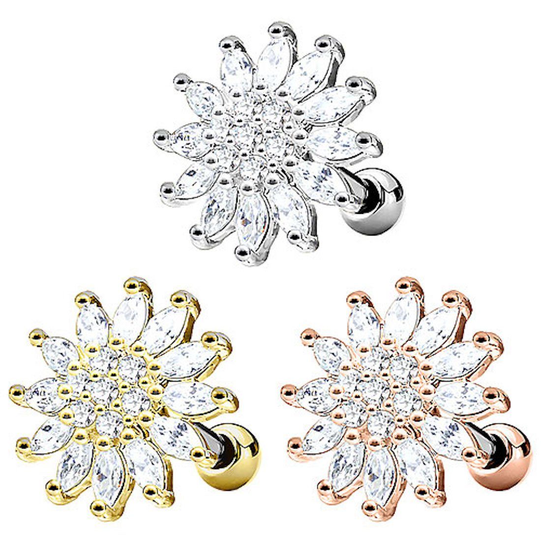 Taffstyle Piercing-Set Tragus Helix Cartilage Blumen Blüte mit Kristall, Ohr Cartilage Knorpel Piercing 316 L Chirurgenstahl Stecker Blumen