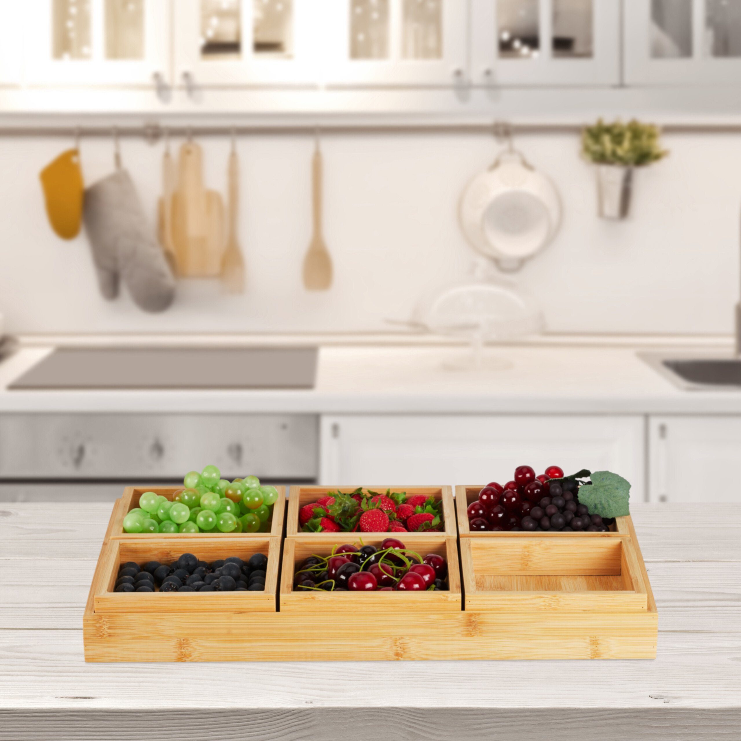 relaxdays Snackschale Set mit Serviertablett, Bambus