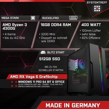 SYSTEMTREFF Basic Gaming-PC (AMD Ryzen 3 4300G, RX Vega 6, 16 GB RAM, 512 GB SSD, Luftkühlung, Windows 11, WLAN)