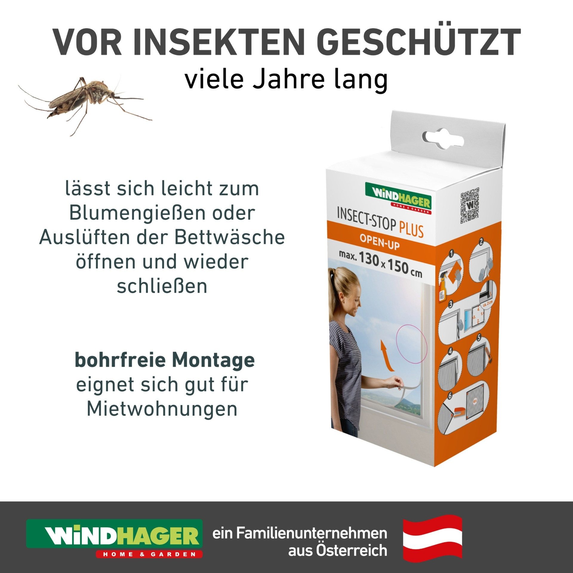 Windhager Moskitonetz Open-Up, flexibler Insektenschutz für Fenster, ohne Bohren (1 St), Insektenschutzgitter 130 x 150 cm, erhältlich in anthrazit oder weiß