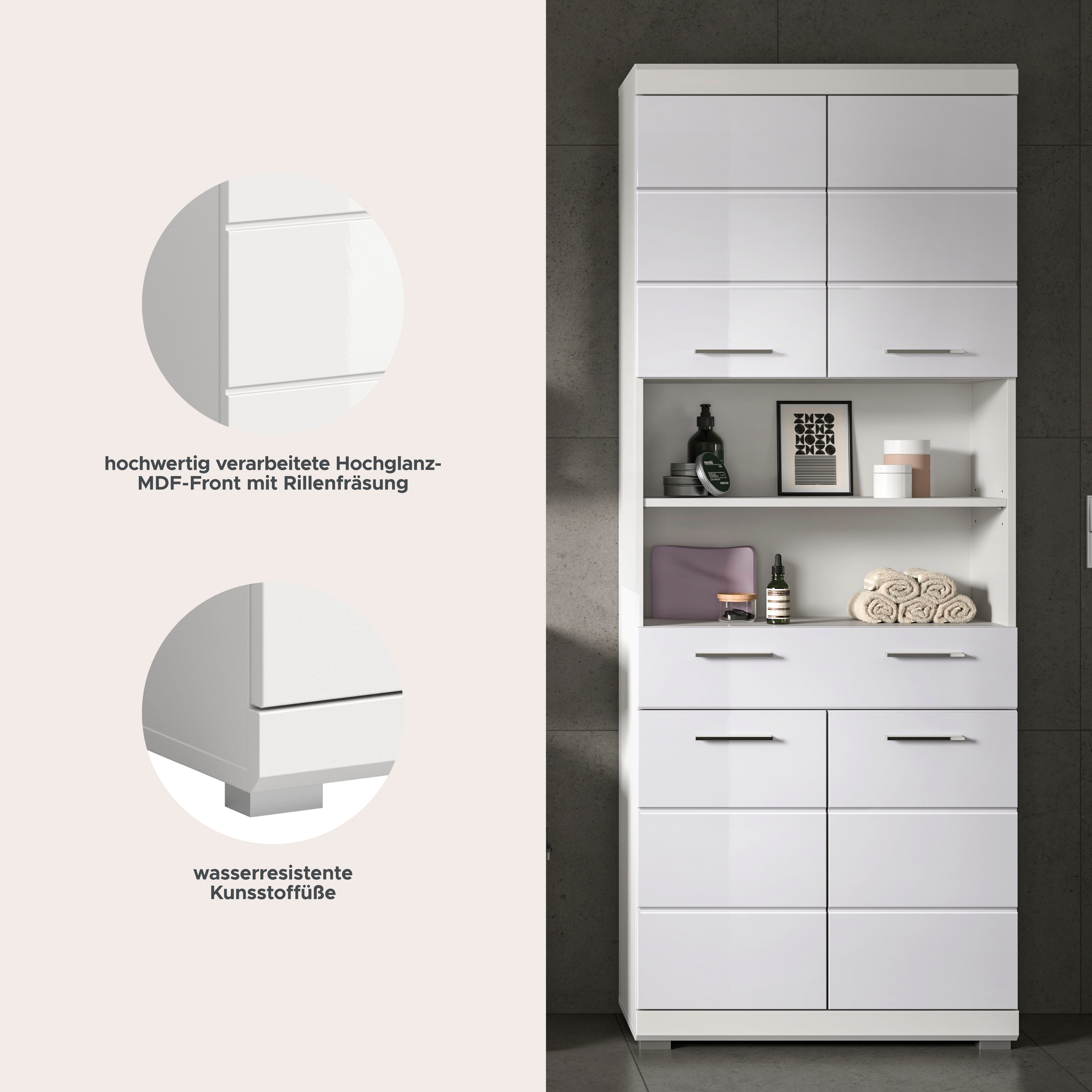 welltime Hochschrank SIENA, Breite 74cm, 4 Türen, 1 Schubkasten, 2 offene Fächer, MDF-Front (TOPSELLER) in verschiedenen Farben erhältlich, Badmöbel, Badschrank, Schrank, Bad
