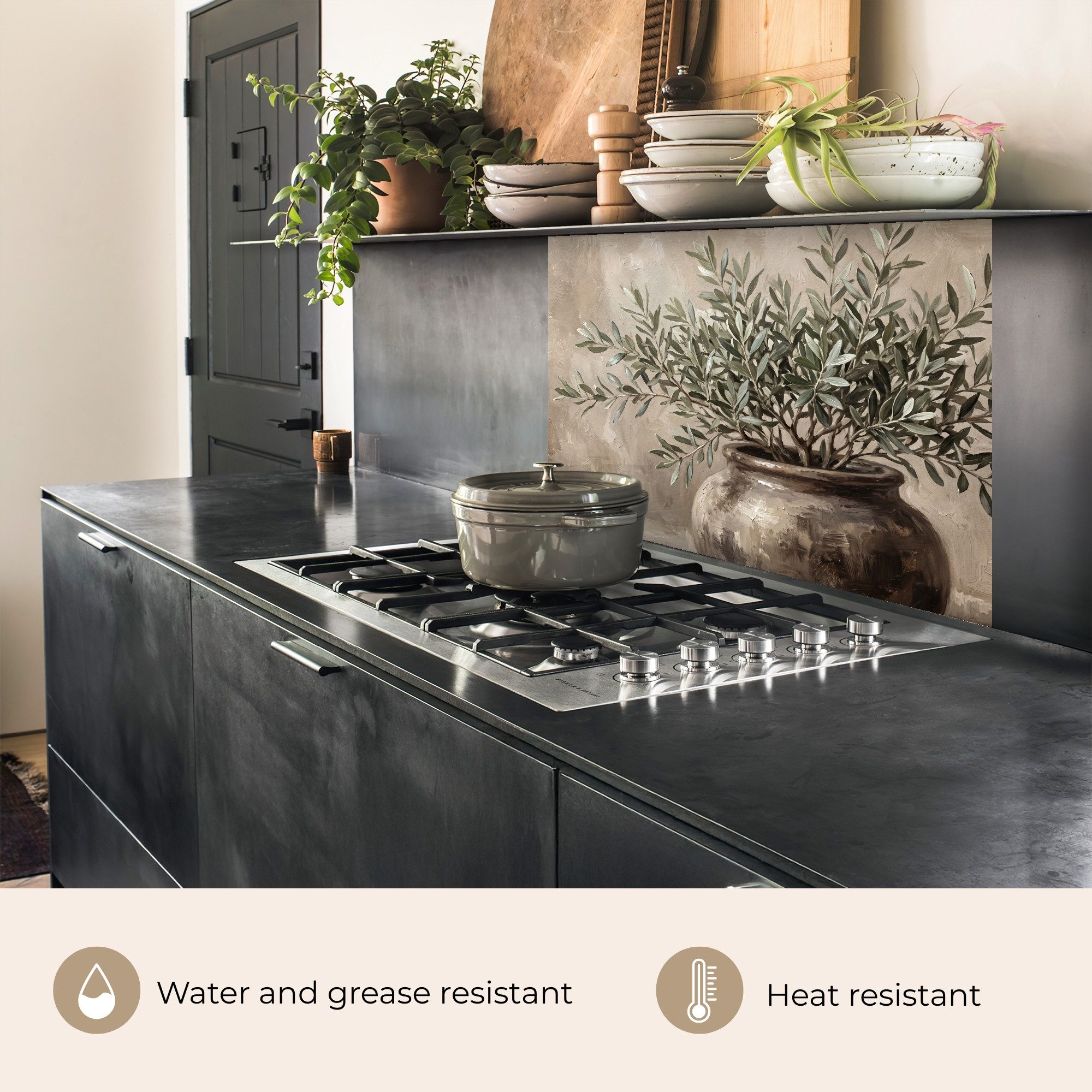 KitchenYeah Küchenrückwand selbstklebend (keine Folie) Olivenpflanze - Tontopf - Abstrakt - Beige, (1-tlg), Spritzschutz, Küche, Rückwand, Küchenwand, Küchenfront, 80x60 cm