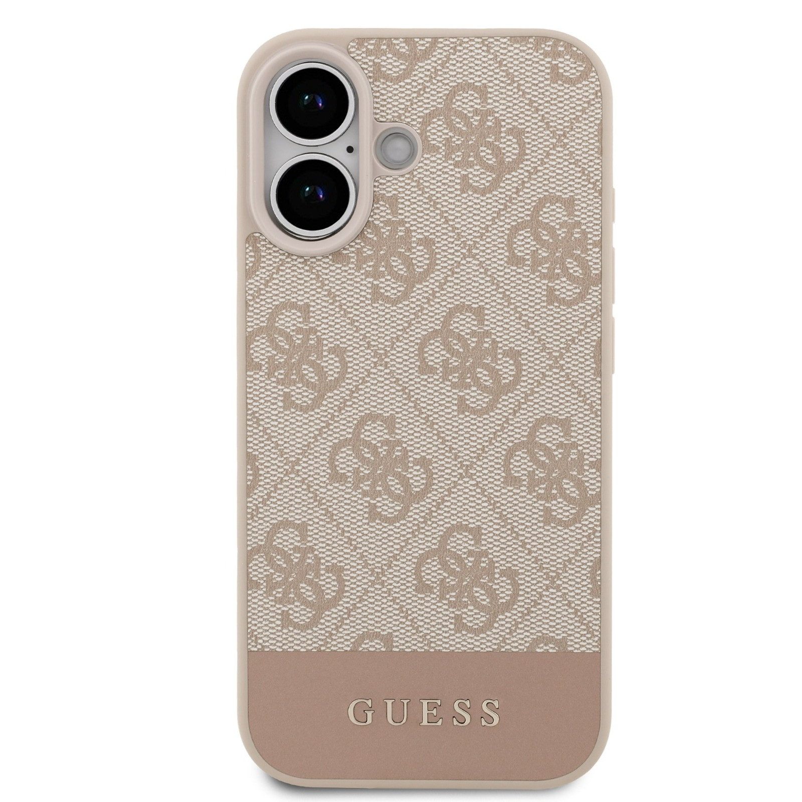 Guess Handyhülle Case iPhone 17 Classic Kunstleder rosa Muster Logo goldfarbig 6,3 Zoll, Kantenschutz