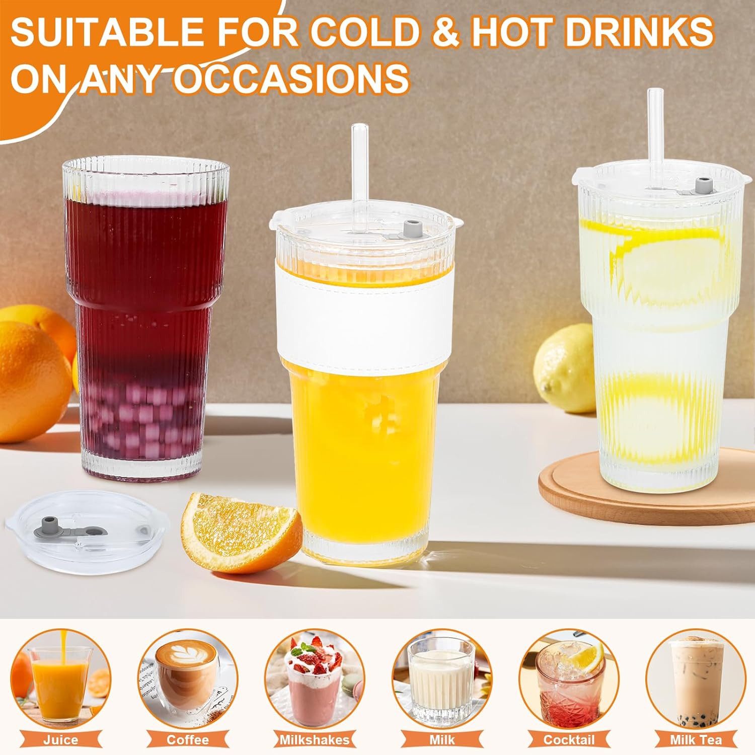 LA CUTE Cocktailglas Feelhap 4er Gläser-Set 600 ml mit Strohhalm & Deckel, wiederverwendbar, Bruchsicher, BPA-frei, wiederverwendbar, inkl. Reinigungszubehör