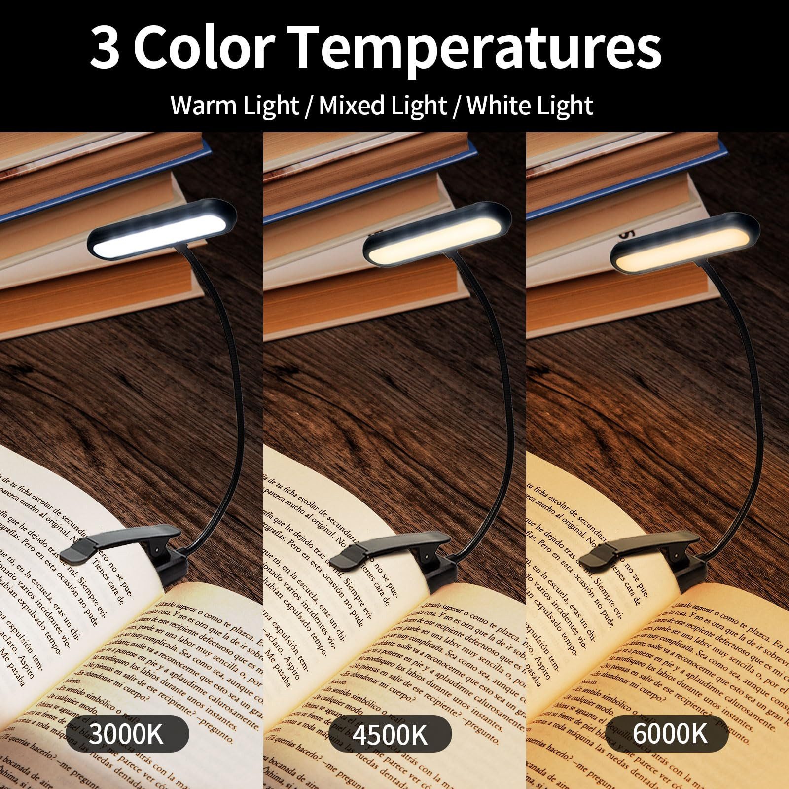 LQWELL LED Leselampe Leselampe Buch Klemme im Bett, USB Wiederaufladbare Leselicht, LED fest integriert, mit 3 Farbtemperaturen, 10 Helligkeitsstufen & Stufenloses Dimmen, 360° Flexibel Buchlampe für Kinder, Buchliebhaber