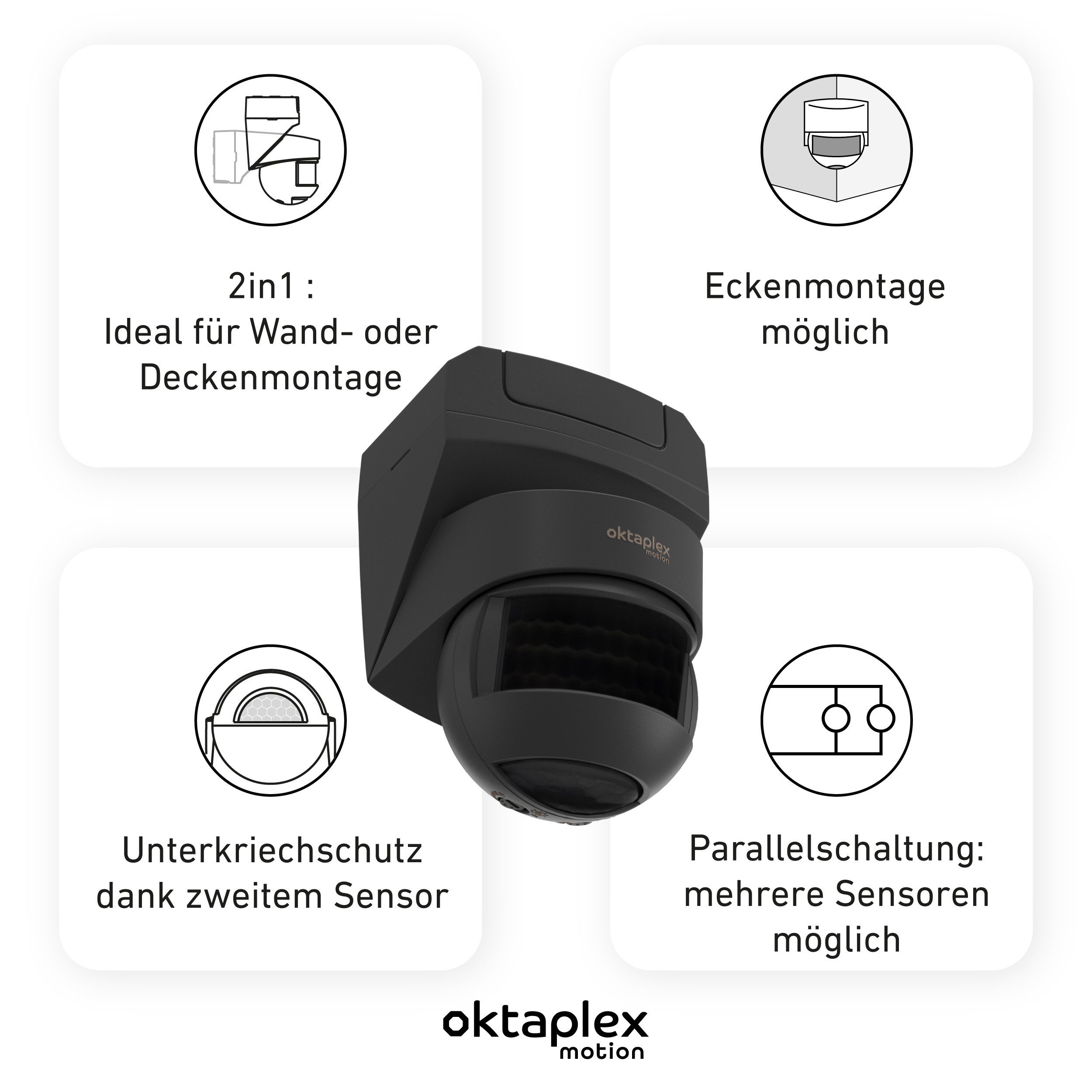 Oktaplex motion Bewegungsmelder Lea Bewegungsmelder Aussen IP54 Infrarot Sensor 180 Grad 12 m, (2-St), Wand Decke Ecke Aufputz 230V LED geeignet anthrazit