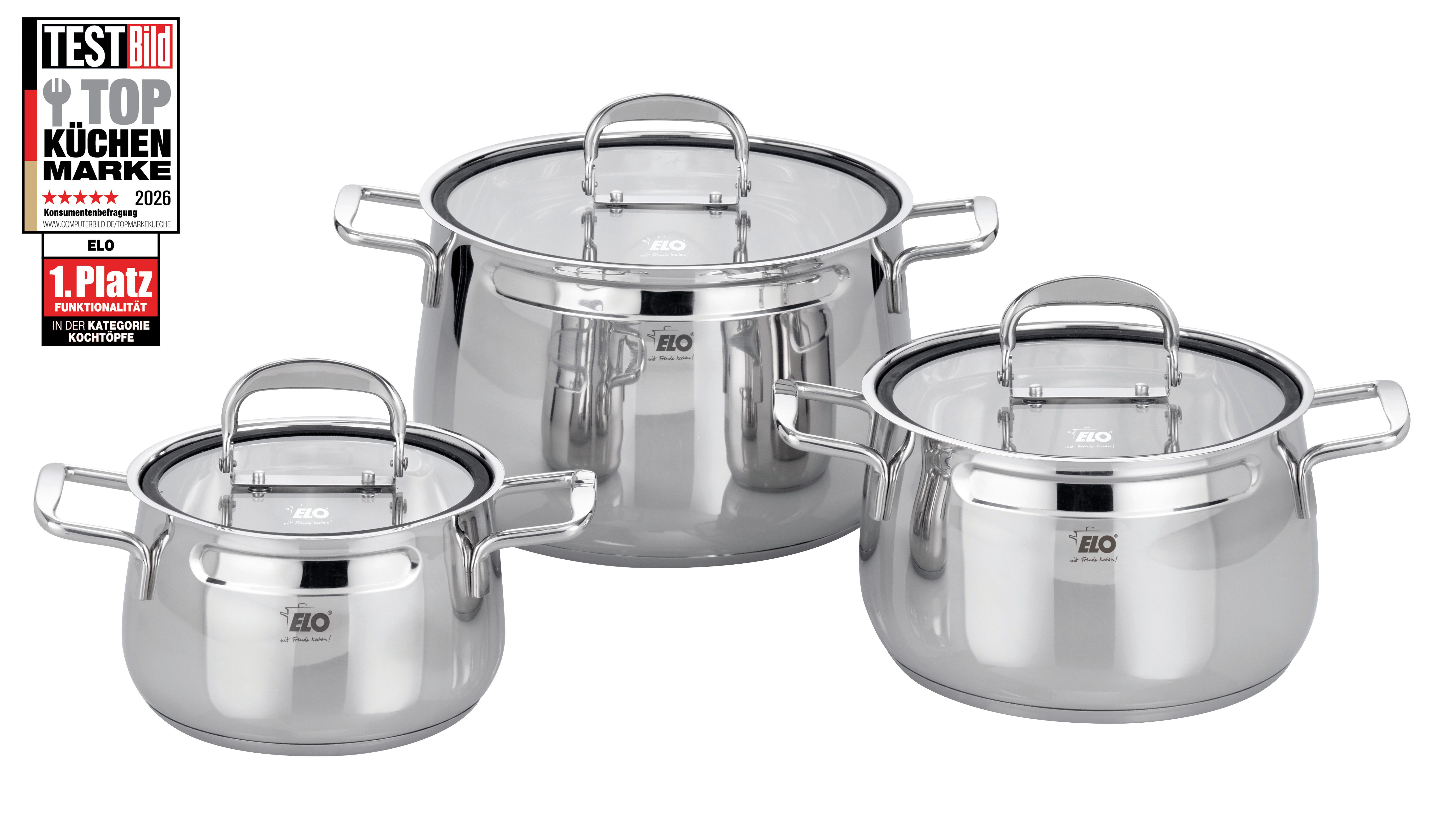 Elo Topf-Set Mystery, Edelstahl 18/8 (Set, 6-tlg., je 1x Fleischtopf mit Deckel Ø 16/20/24 cm), Induktion