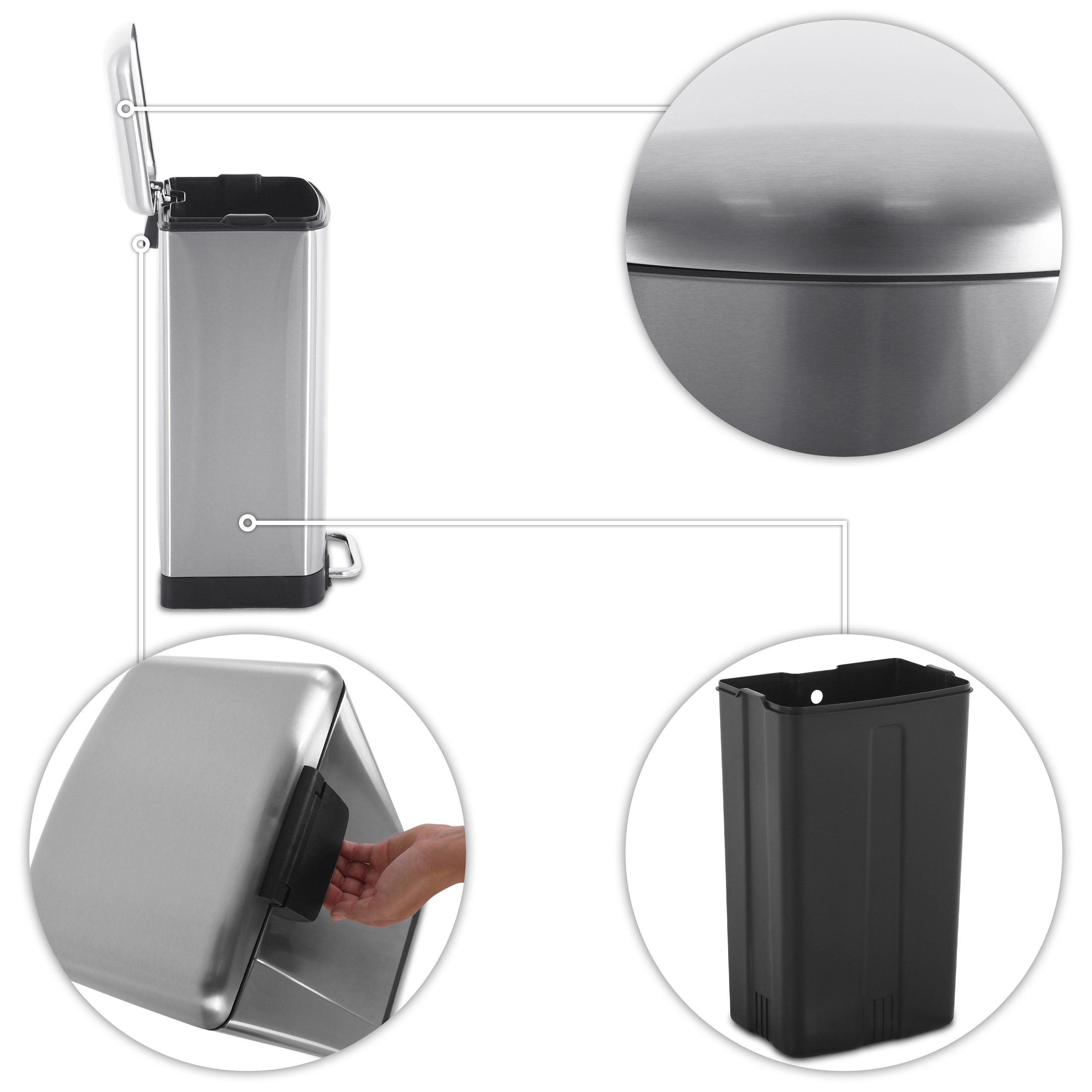 Raburg Mülleimer Abfalleimer 30 L – Treteimer mit Deckel & SoftClose, Modell Sammy, rechteckig, mit Inneneimer, hygienisch, langsam schließend