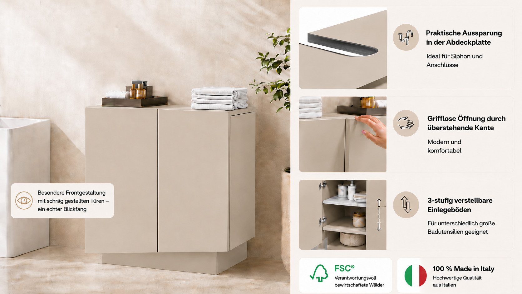welltime Waschbeckenunterschrank Vela,Breite 60cm, 2 Türen, 2 Fächer, mit Siphonausschnitt (1-St) Waschbeckenunterschrank,Waschtisch,Design mit schrägen Türen