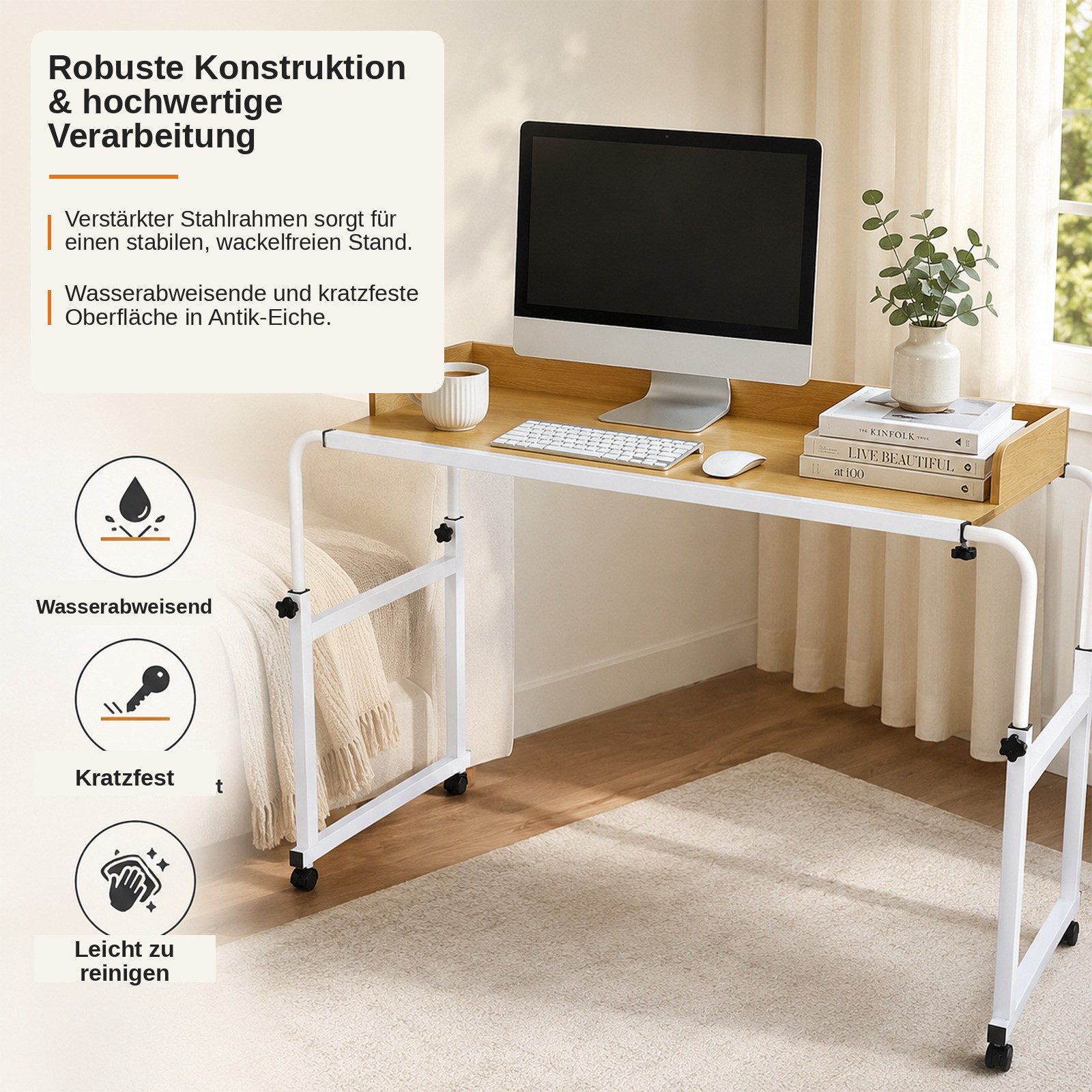 BlingBin Wangentisch Überbetttisch mobiler Betttisch Beistelltisch Laptoptisch mit 4 Rollen (1er Set, 1-St., 120-210 x 45 x 65-95 cm (L x B x H), Höhenverstellb – Bild 4 von 5