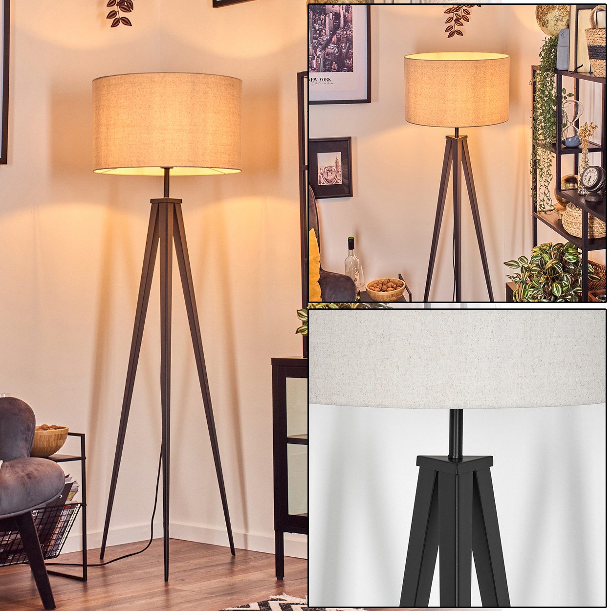 hofstein Stehlampe Stehlampe aus Metall/Stoff in Schwarz/Beige/Weiß, Boho-Style, ohne Leuchtmittel, skandinavisches Design (50 cm), Höhe 162 cm, mit Fußschalter, 1x E27