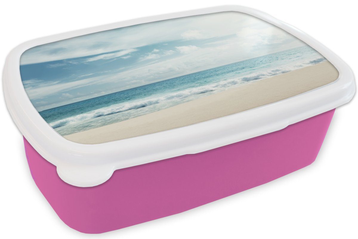 Mädchen, Kunststoff MuchoWow Strand (2-tlg), Sommer, Brotdose Snackbox, Brotbox - rosa für Kunststoff, Lunchbox Kinder, Erwachsene, Meer -