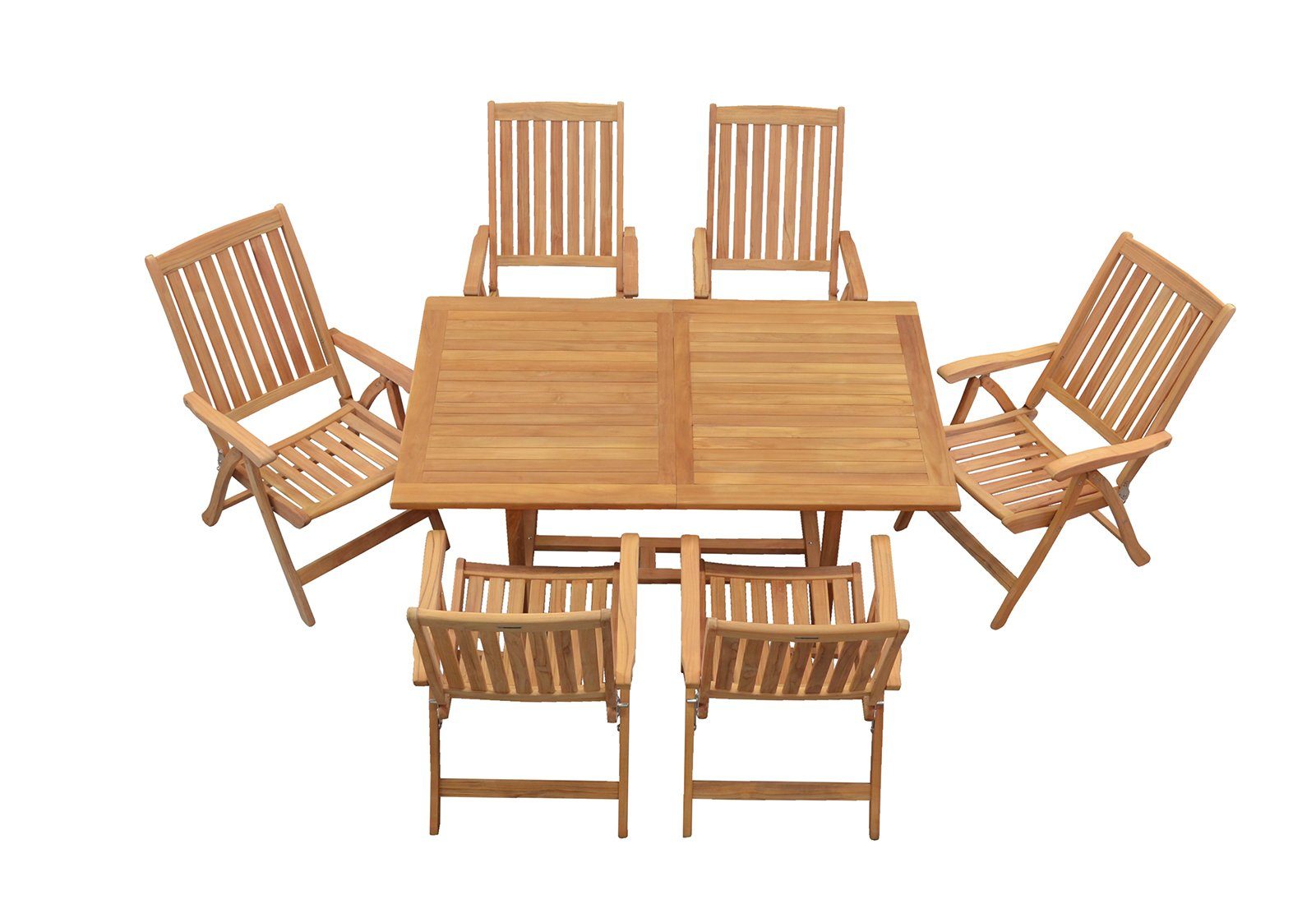 Kai Wiechmann Garten-Essgruppe Exklusive Teak Sitzgruppe aus 6 Hochlehnern und 1 eckigen Ausziehtisch, (7-tlg., 6 Recliner, 1 Ausziehtisch), edles Set aus Teak-Gartenmöbeln mit Auszugstisch