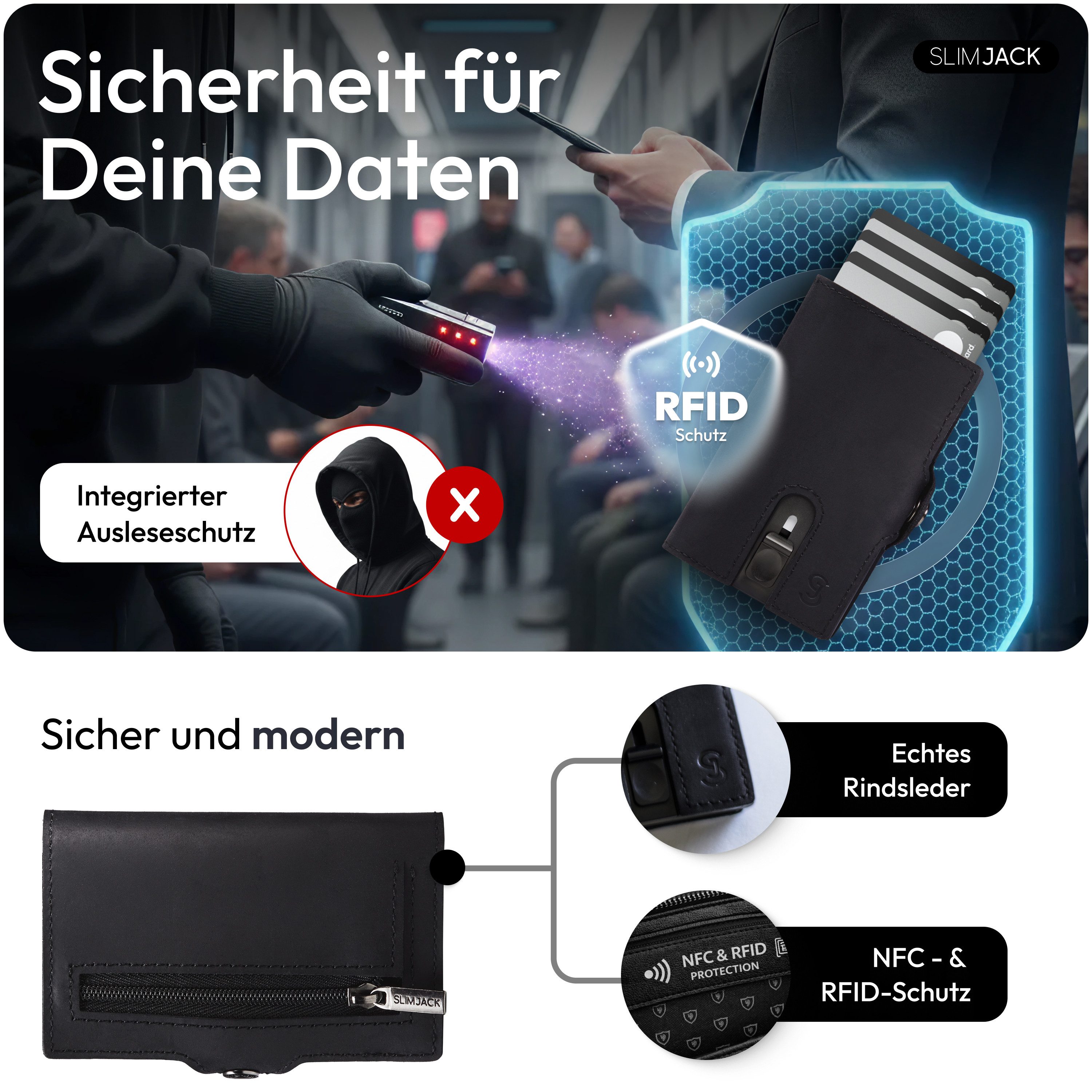 SLIMJACK Mini Geldbörse Herren - echt Leder - Münzfach RFID-Schutz - Cardholder - Slim Wallet (Portmonee), - Mini Geldbeutel - Portemonnaie - Kartenhalter - Kreditkartenetui