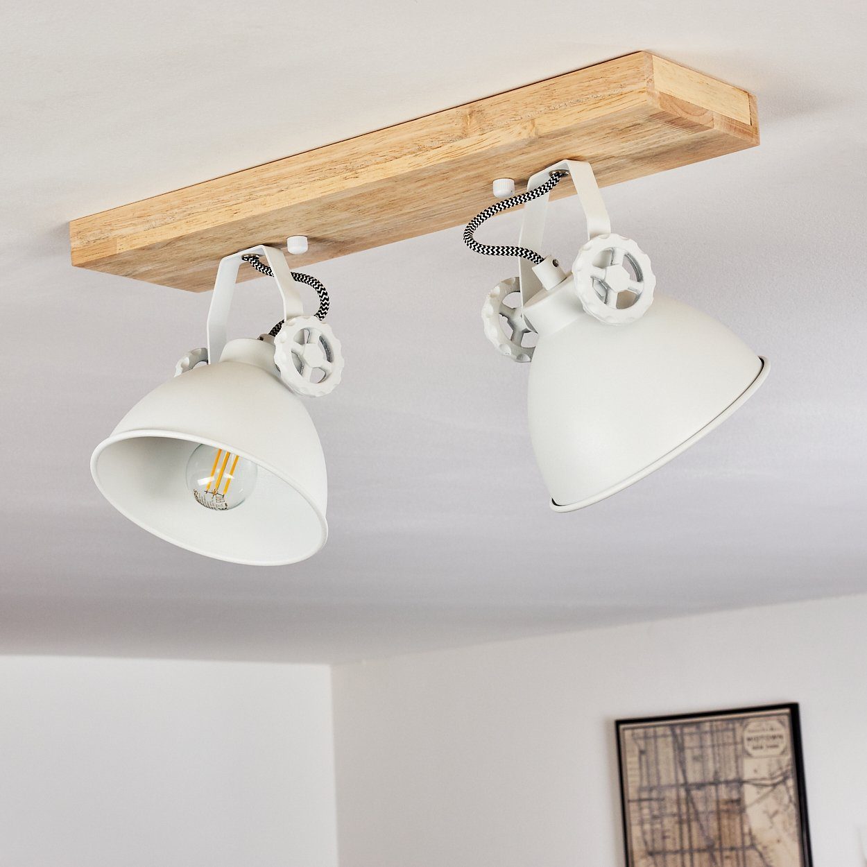 mit Metall/Holz Leuchtmittel, in Deckenleuchte Deckenlampe aus Design Weiß/Natur, hofstein Strahlern, verstellbaren 2xE14, Retro/Vinatge ohne »Mot«